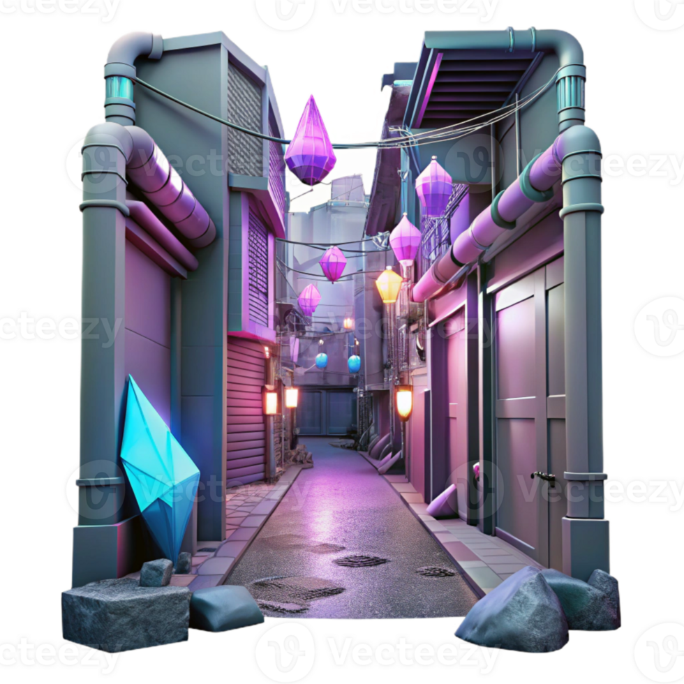 beautiful traditional Cyberpunk Alleyway with Neon Signs Cutout detailed png