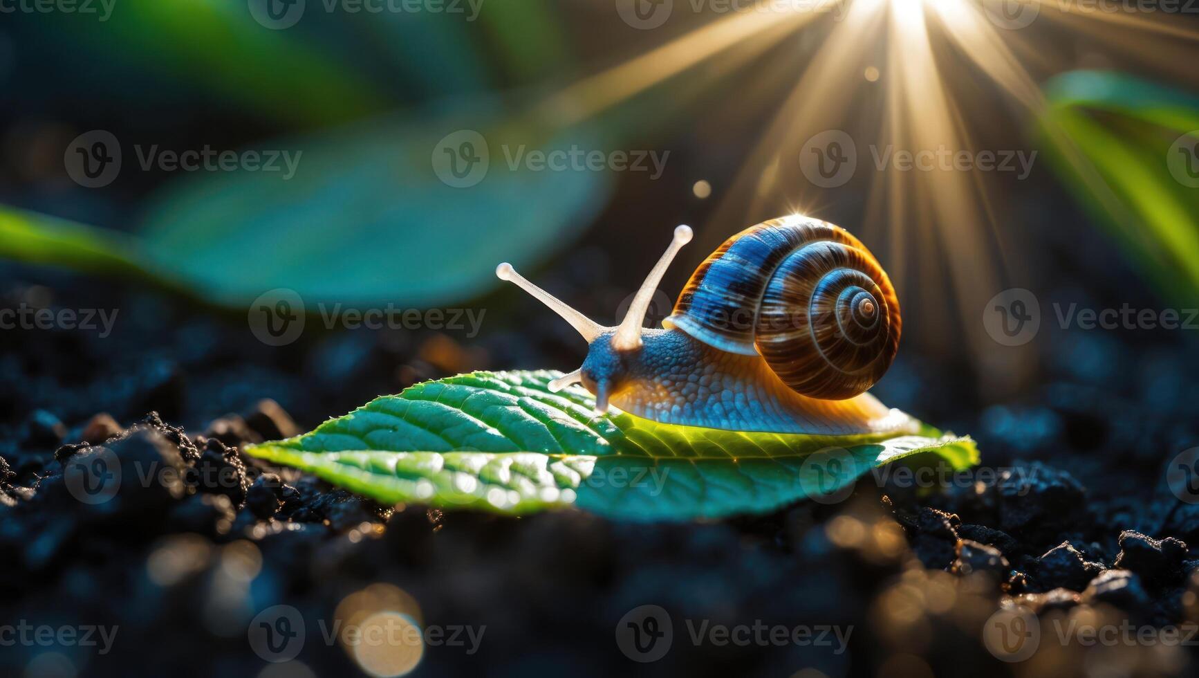 Snail Crawling on Leaf in Garden with Sunlight Shining Through photo