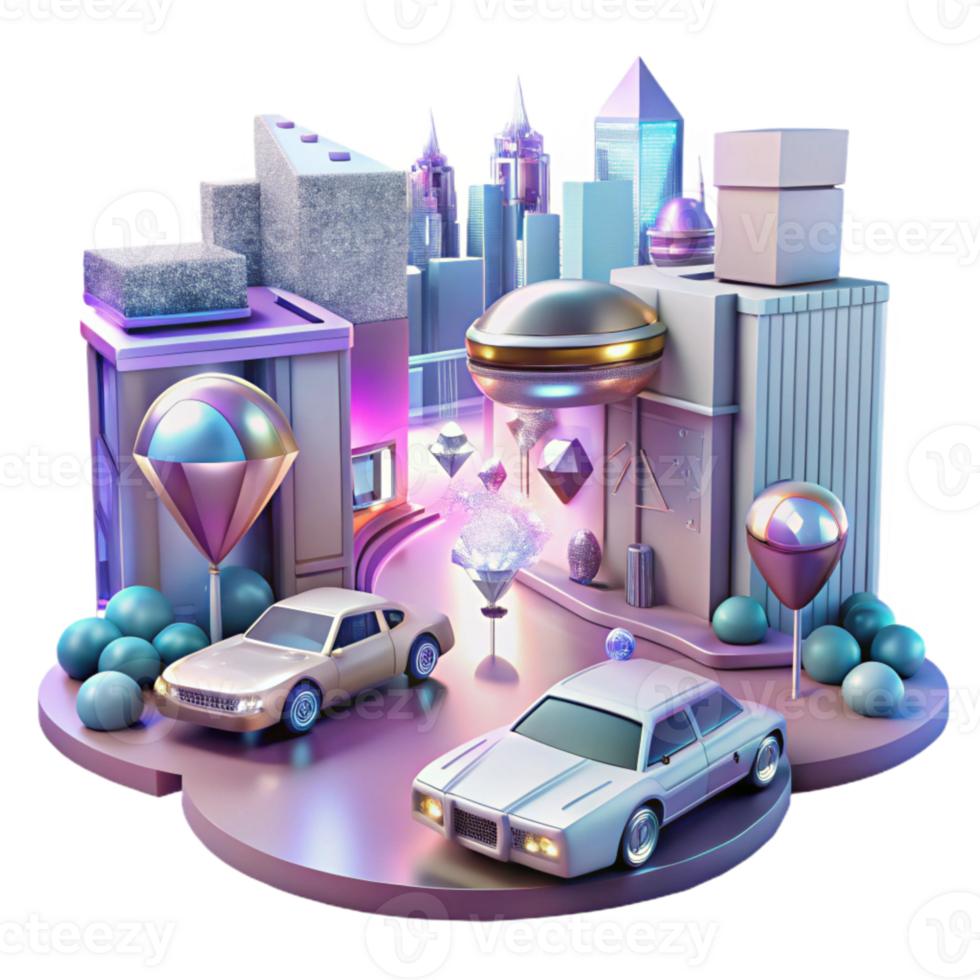 stunning abstract Cyberpunk Street Scene with Hovercars Isolated Element original png