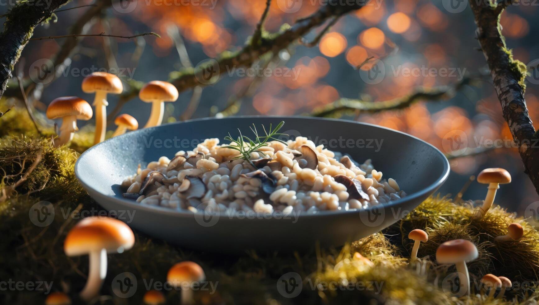 Mushroom Risotto Bowl in Enchanted Forest Setting with Wild Mushrooms photo