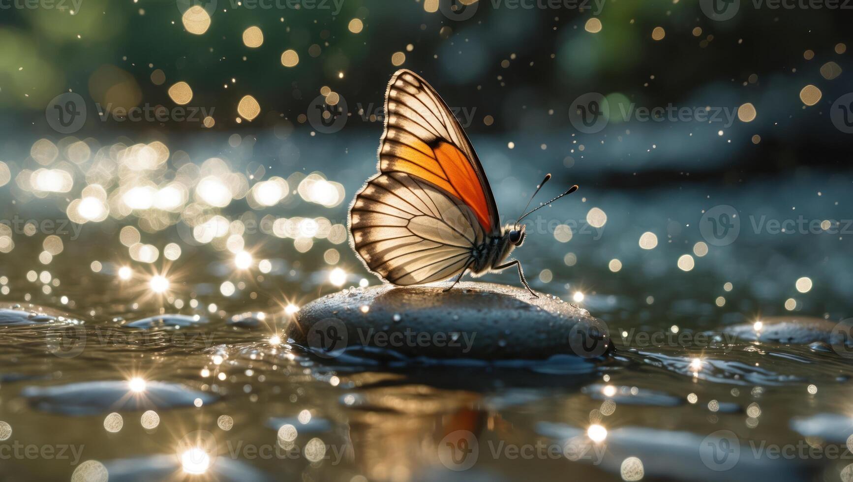 Butterfly Resting on River Stone Glowing Water Reflection Serene Nature photo