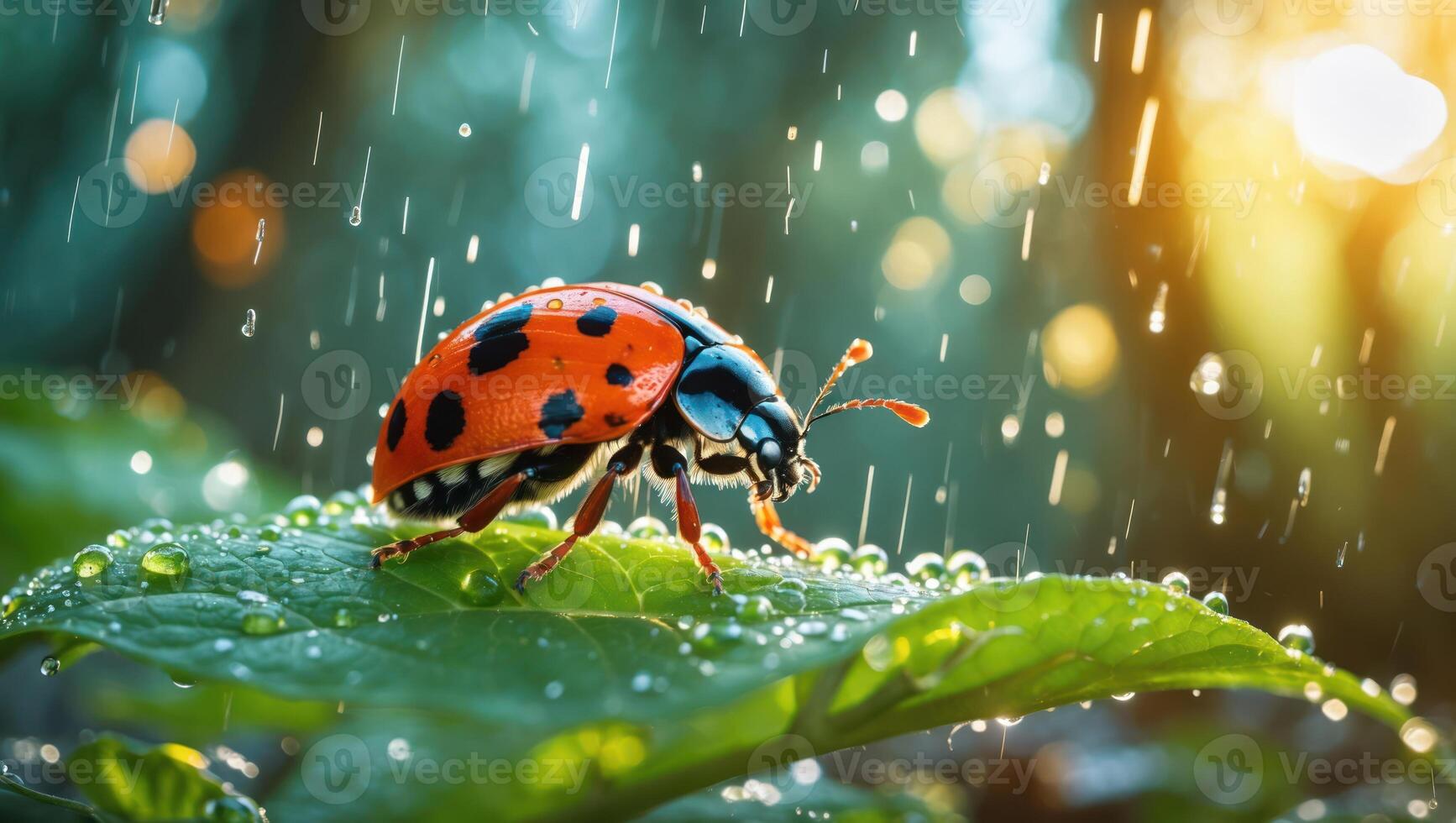 Ladybug Walking on Dew Covered Leaf in Gentle Rain Detail photo