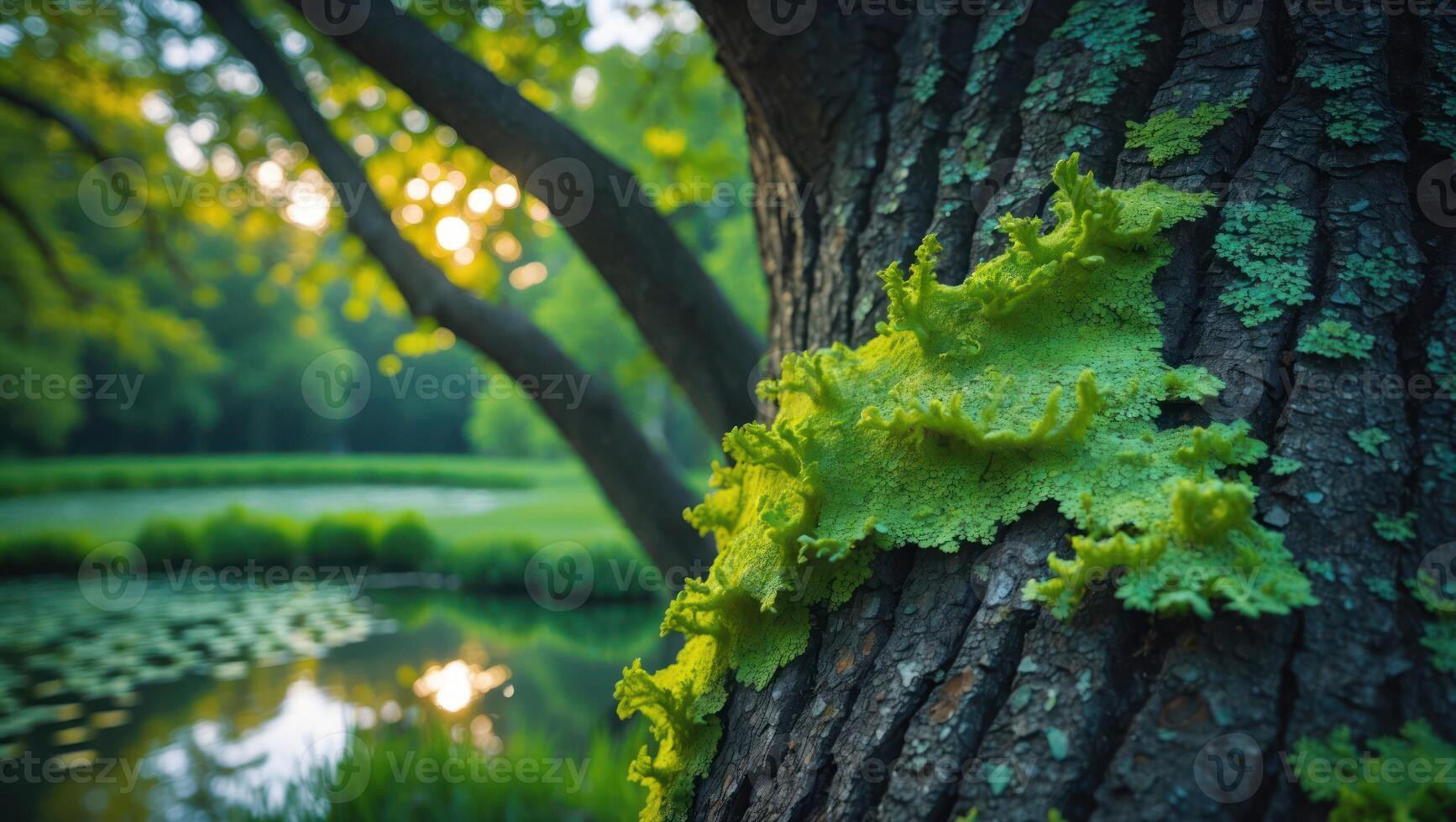 Moss Growing on Tree Trunk by a Pond in Summer Sunlight photo