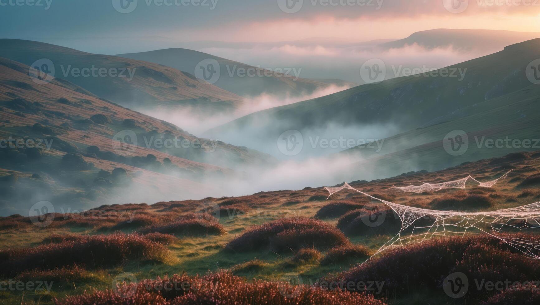 Fog Rolling Through Green Mountain Valley with Spiderwebs in Foreground photo