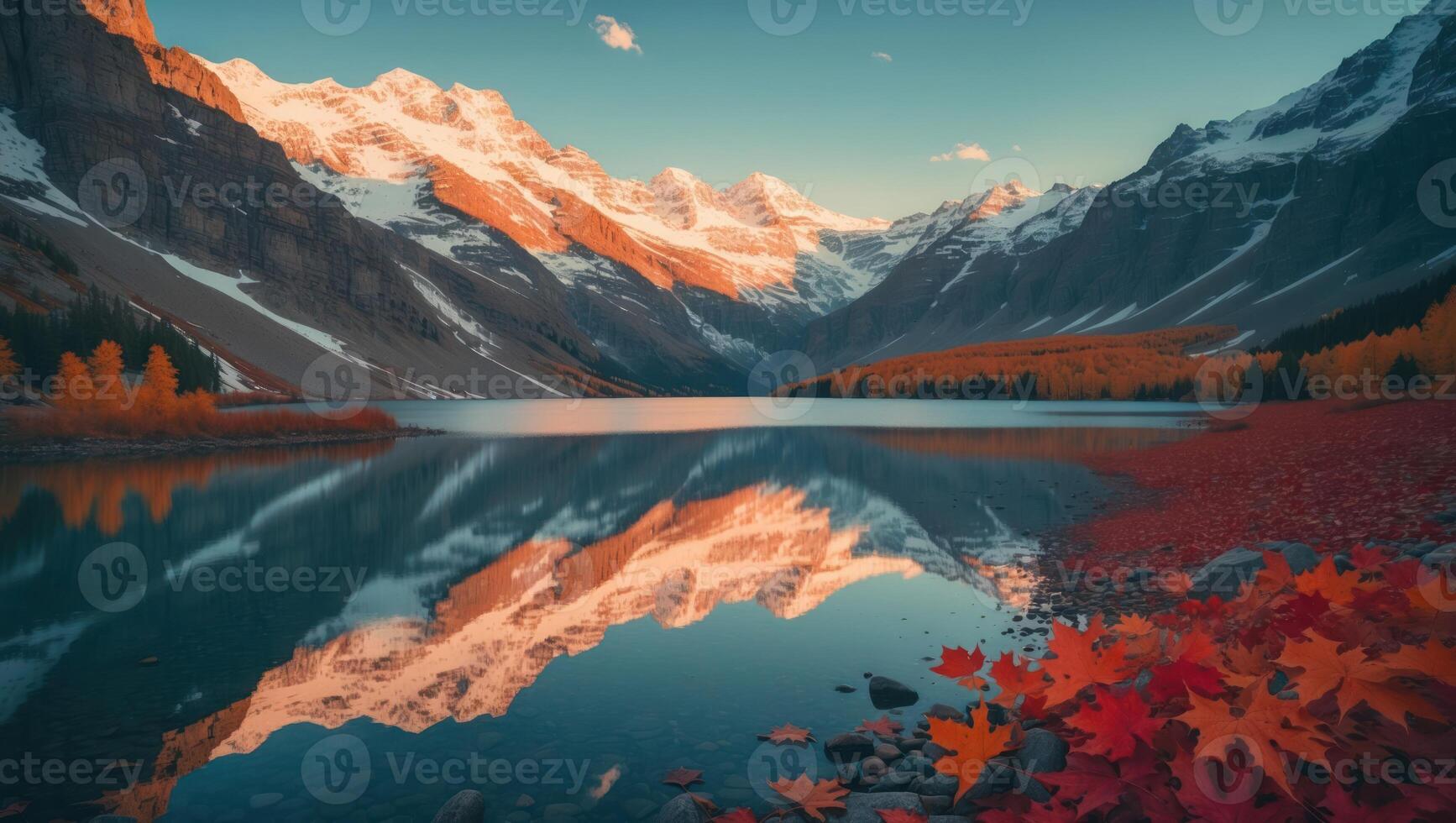 Mountain Reflection on Lake with Fall Leaves and Snow-capped Peaks photo