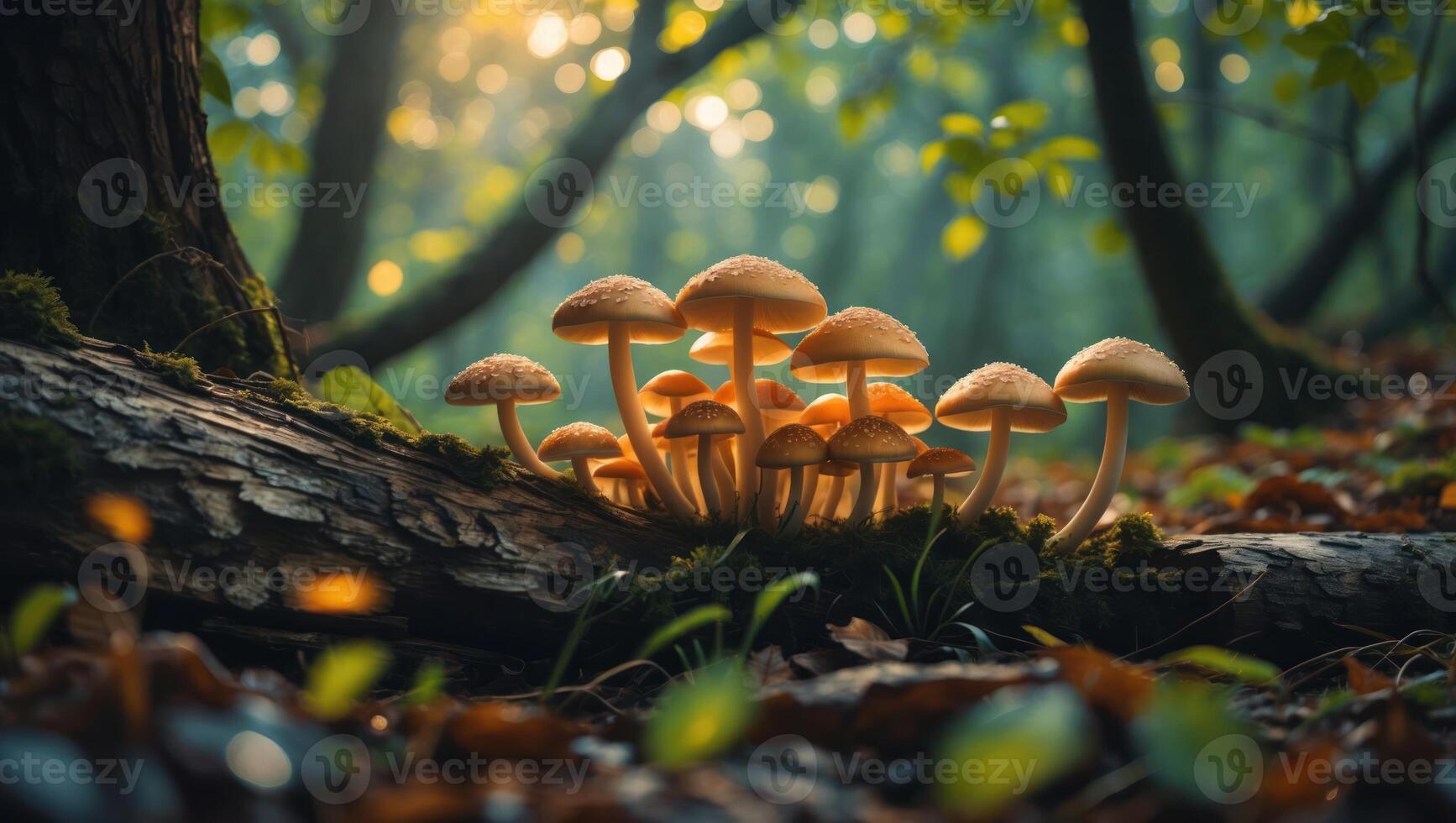 Group of Mushrooms Growing on Log in a Lush Forest Setting photo