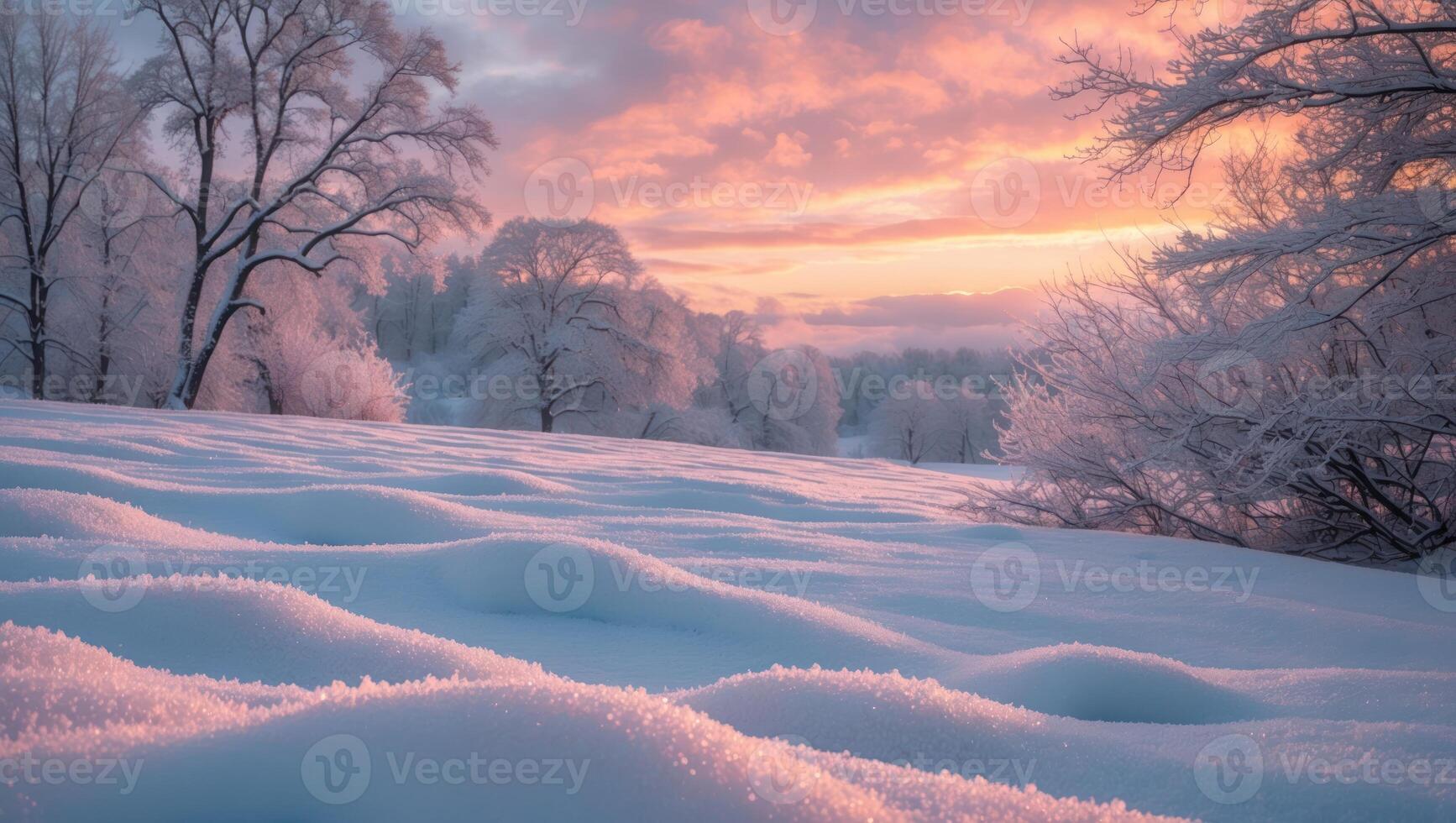 Snowy Winter Landscape with Trees and Sunset Light at Golden Hour photo