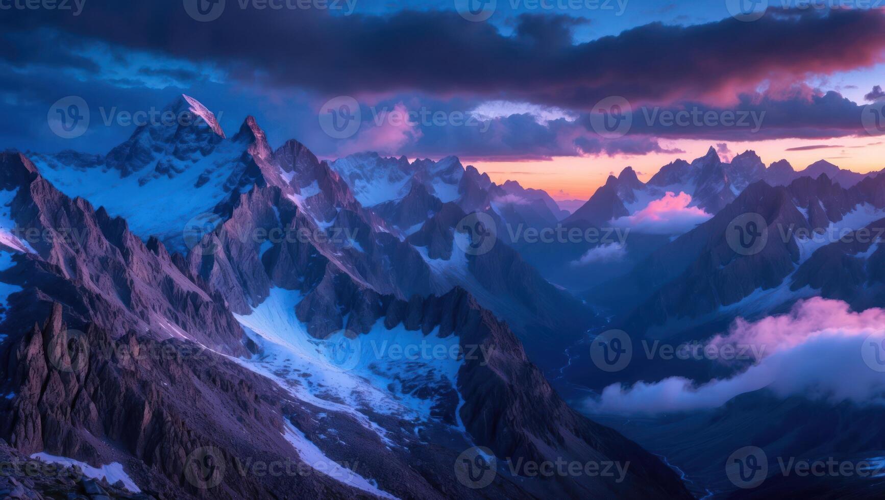 Majestic Mountains at Dusk View with Snow and Cloud Formations photo