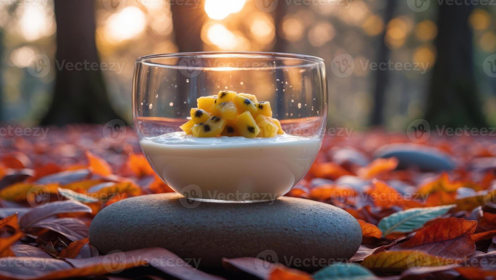 Elegant Dessert with Passion Fruit Topping Surrounded by Autumn Leaves photo