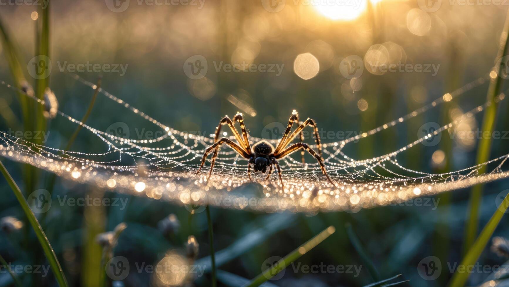 Spider on Dew Covered Web Lit by Sunrise Glow in Nature photo