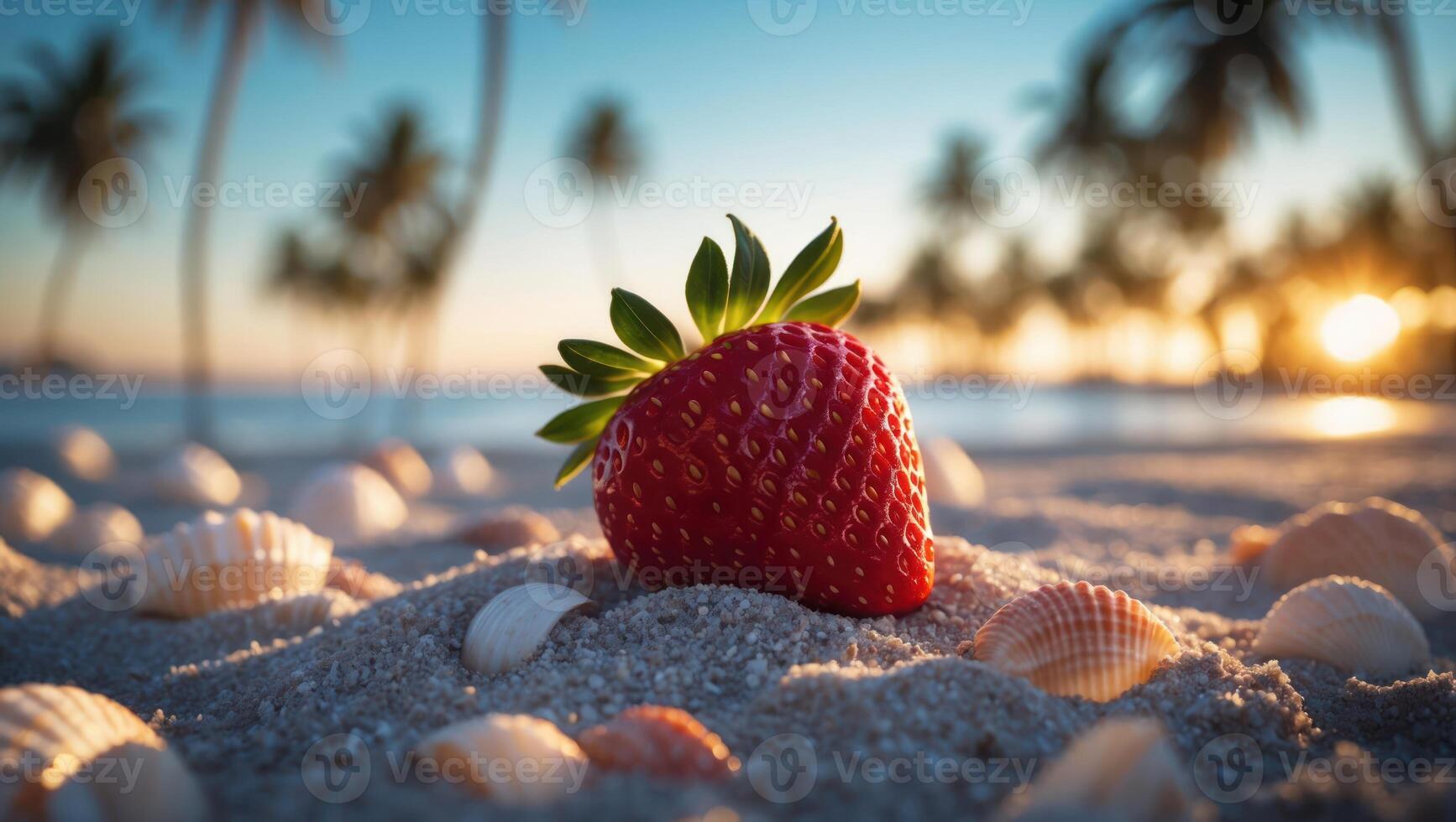 Strawberry Relaxing on Sandy Beach with Palm Trees and Sunset Glow photo