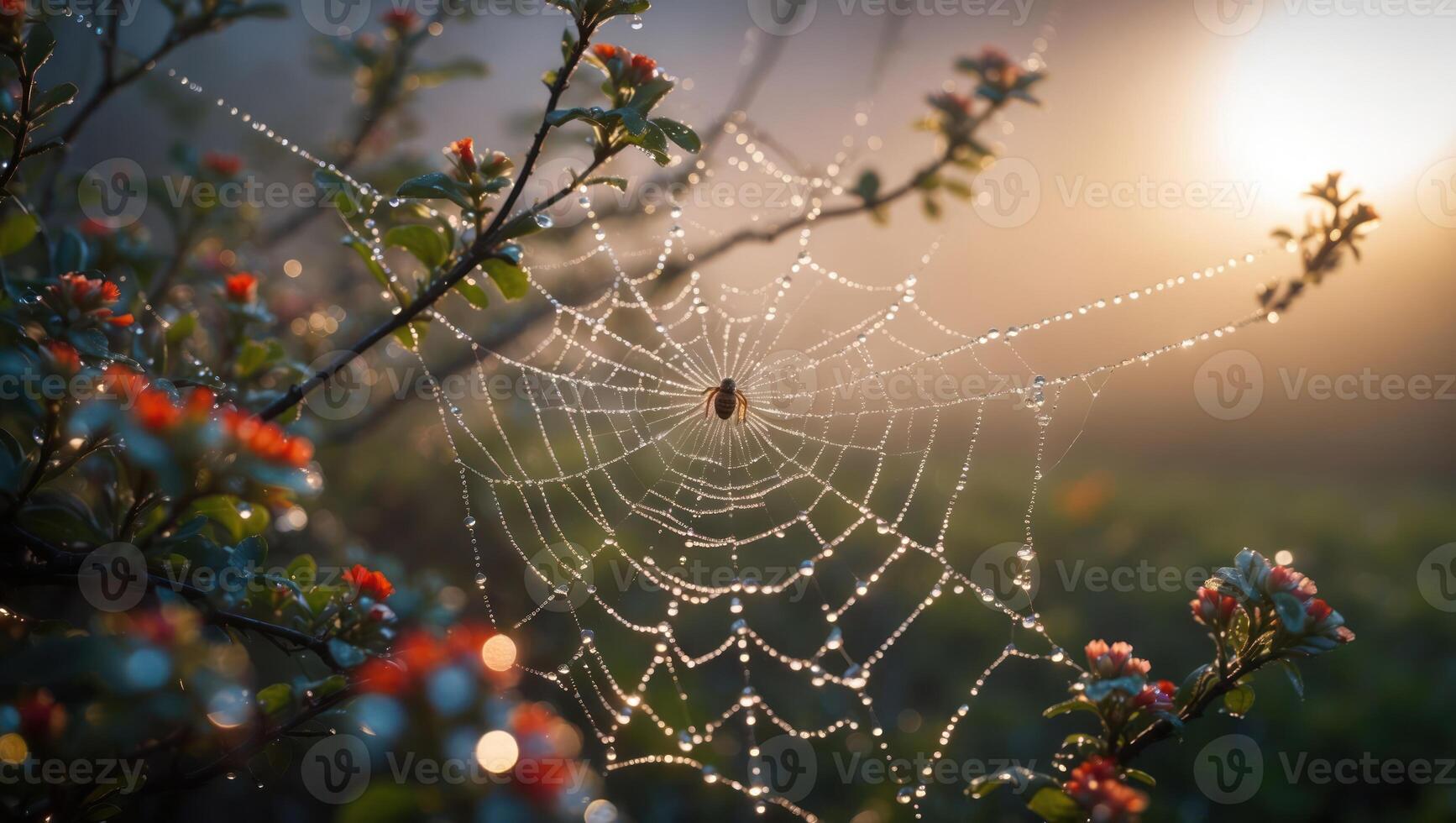 Spiderweb Adorned with Dew Drops Shines in the Morning Light photo