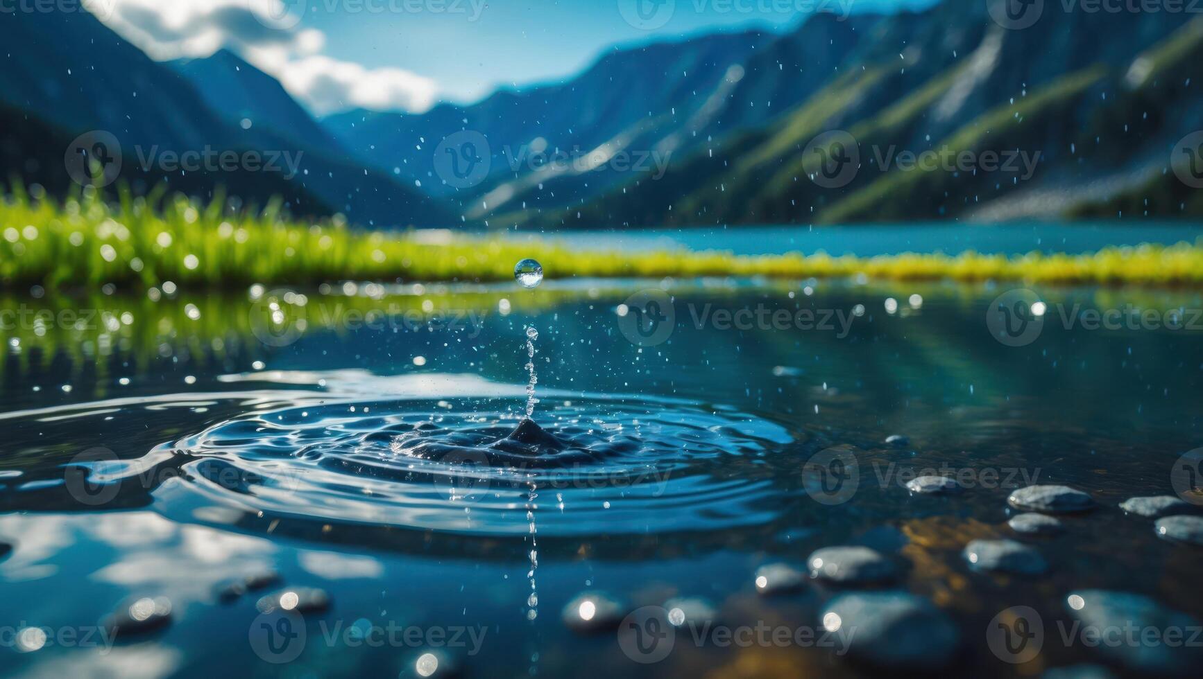 Water Drop Creates Ripples on Mountain Lake Serene Nature Scene photo