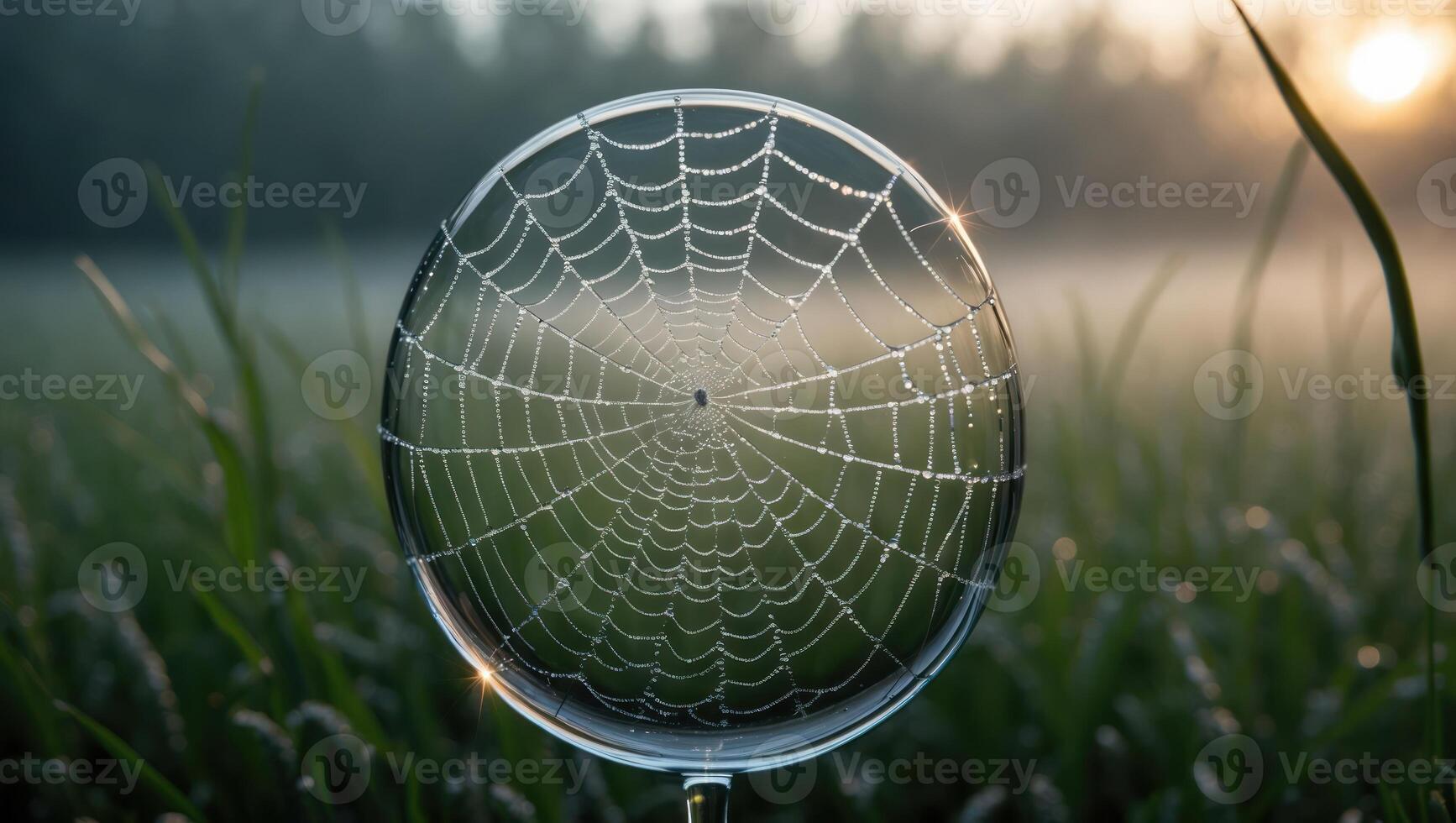 Dew Covered Spiderweb in Clear Ball Resting in Grassy Field photo