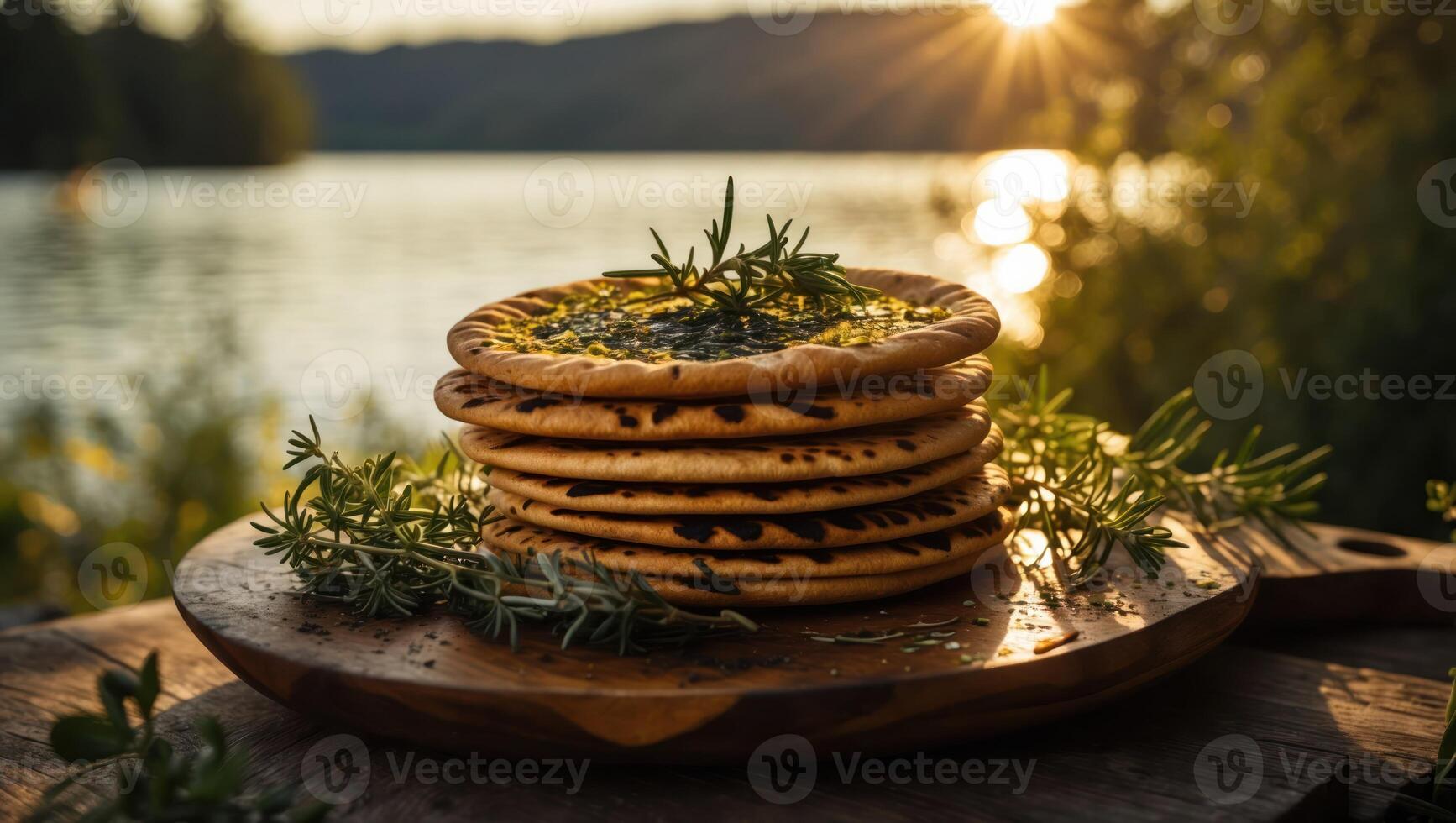 Stack of Flatbreads with Herbs on Wooden Board by Lakeside photo