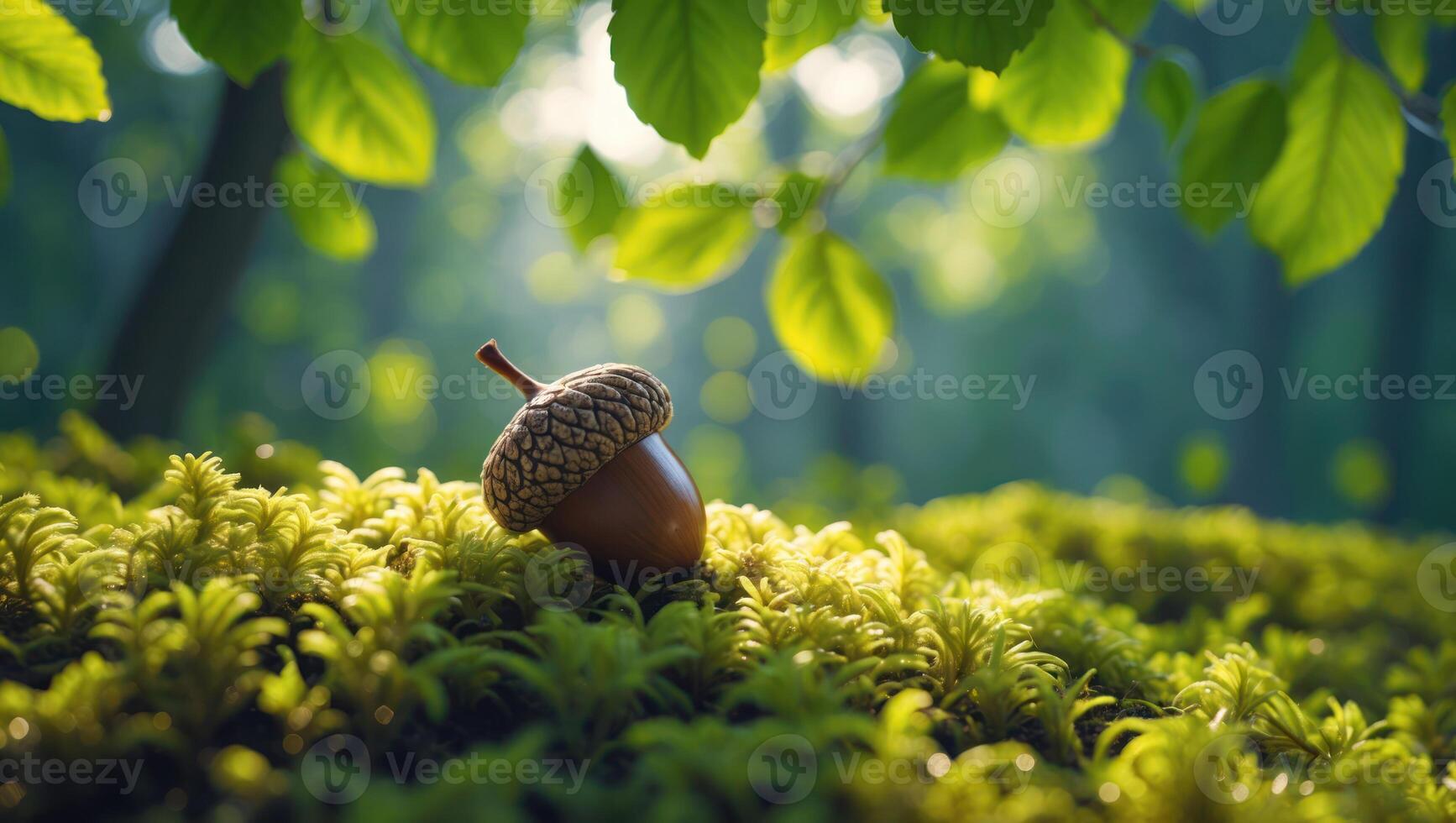 Acorn Resting on Moss in a Sunlight Forest Scene photo