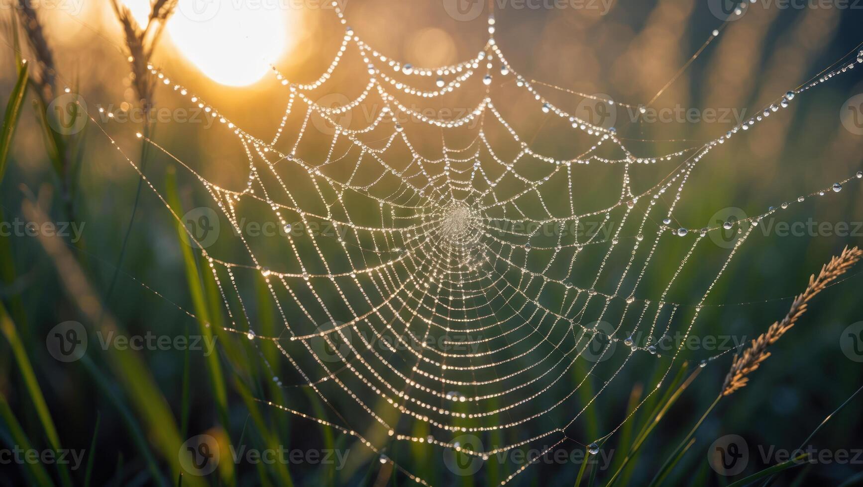 Spiderweb Covered with Dew Drops in Morning Sunlight Through Tall Grass photo
