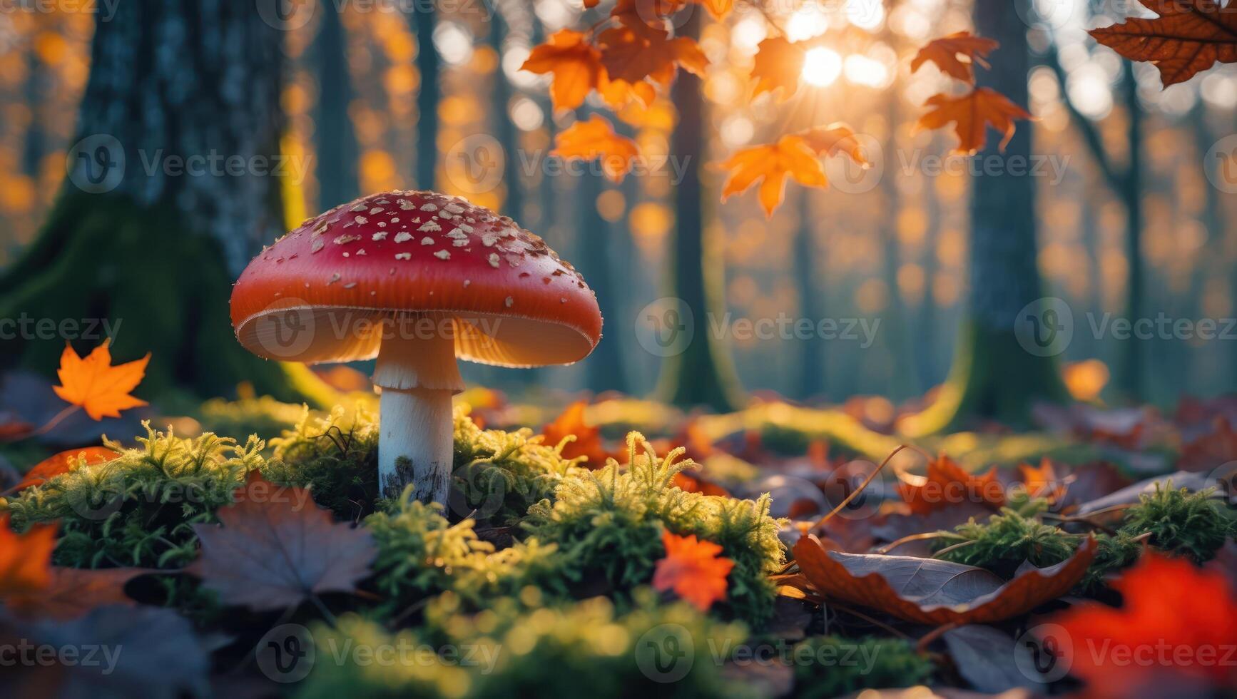 Red Mushroom in Autumn Forest with Falling Leaves and Sunlight photo