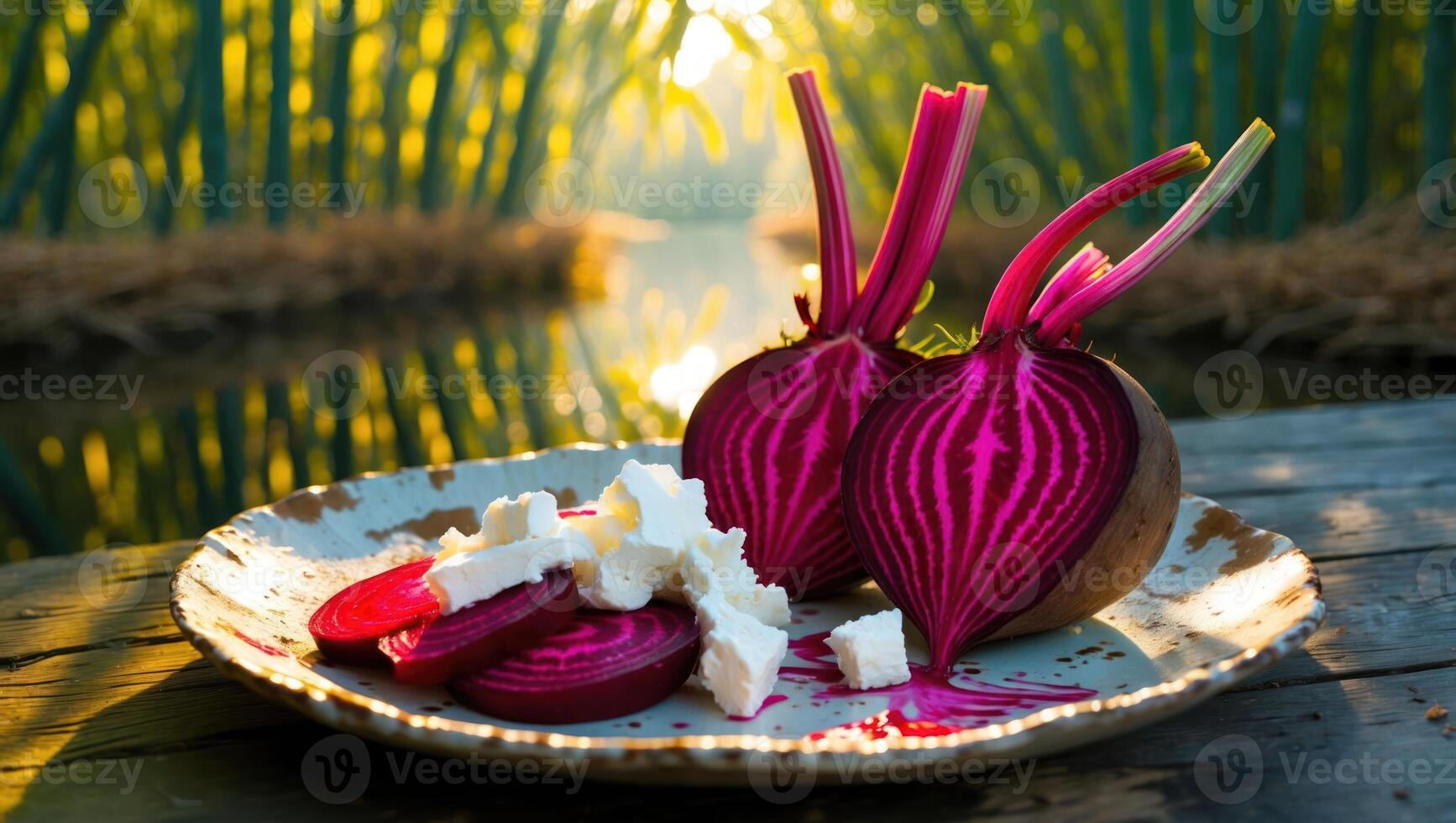 Beet Salad with Feta Cheese on Rustic Wooden Table Outdoors photo