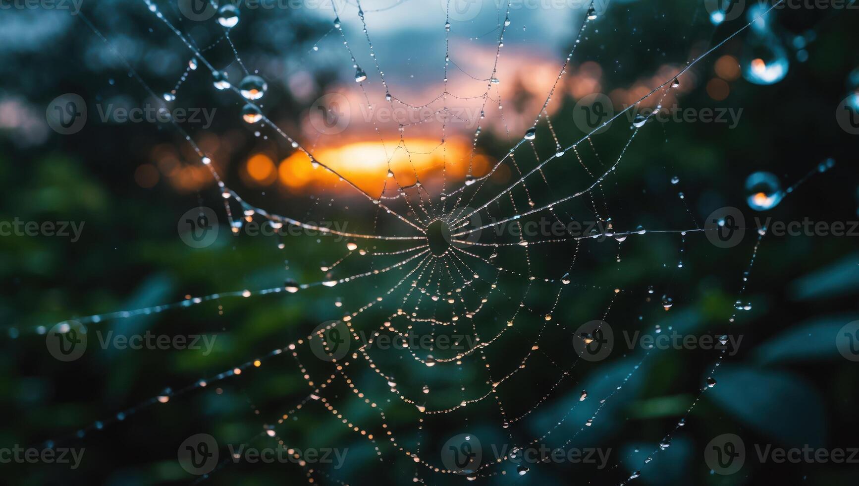 Spiderweb with Water Droplets Sparkling at Dusk in Greenery photo