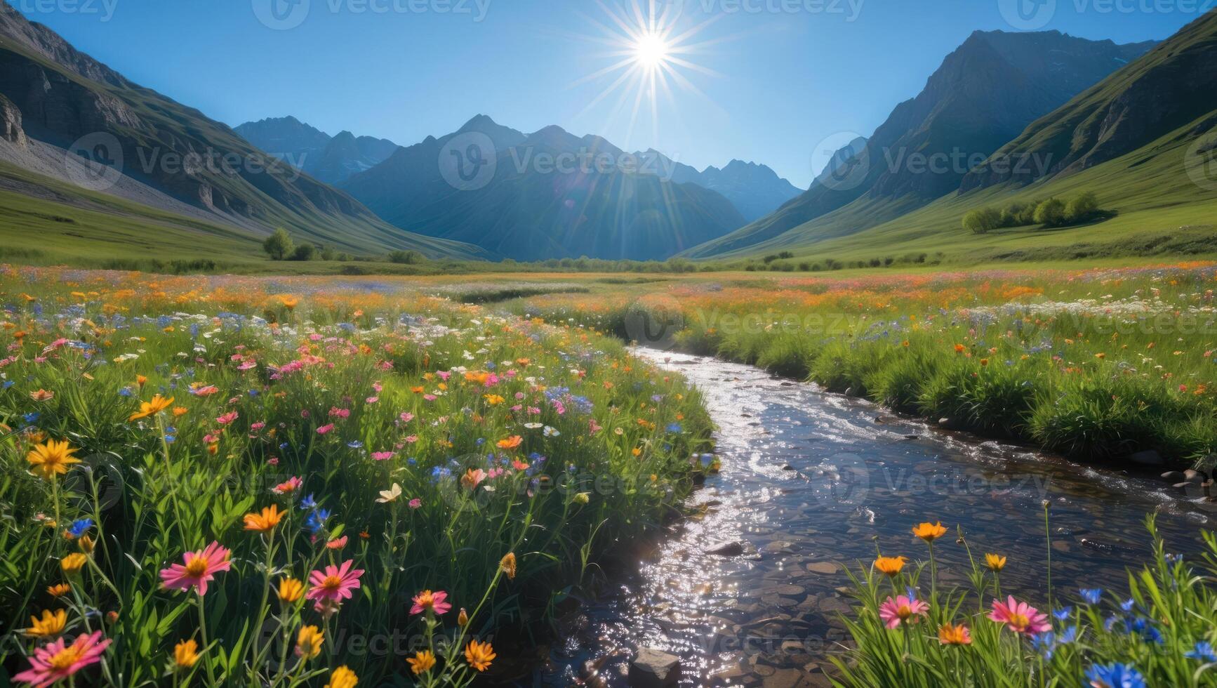 Flowing Stream Through Wildflower Meadow in Mountain Valley Under Sunlight photo