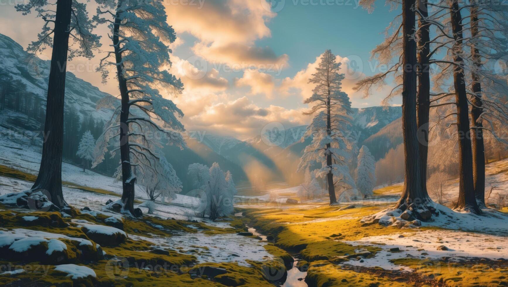 Snowy Forest Stream with Sunlight Breaking Through Clouds Landscape photo