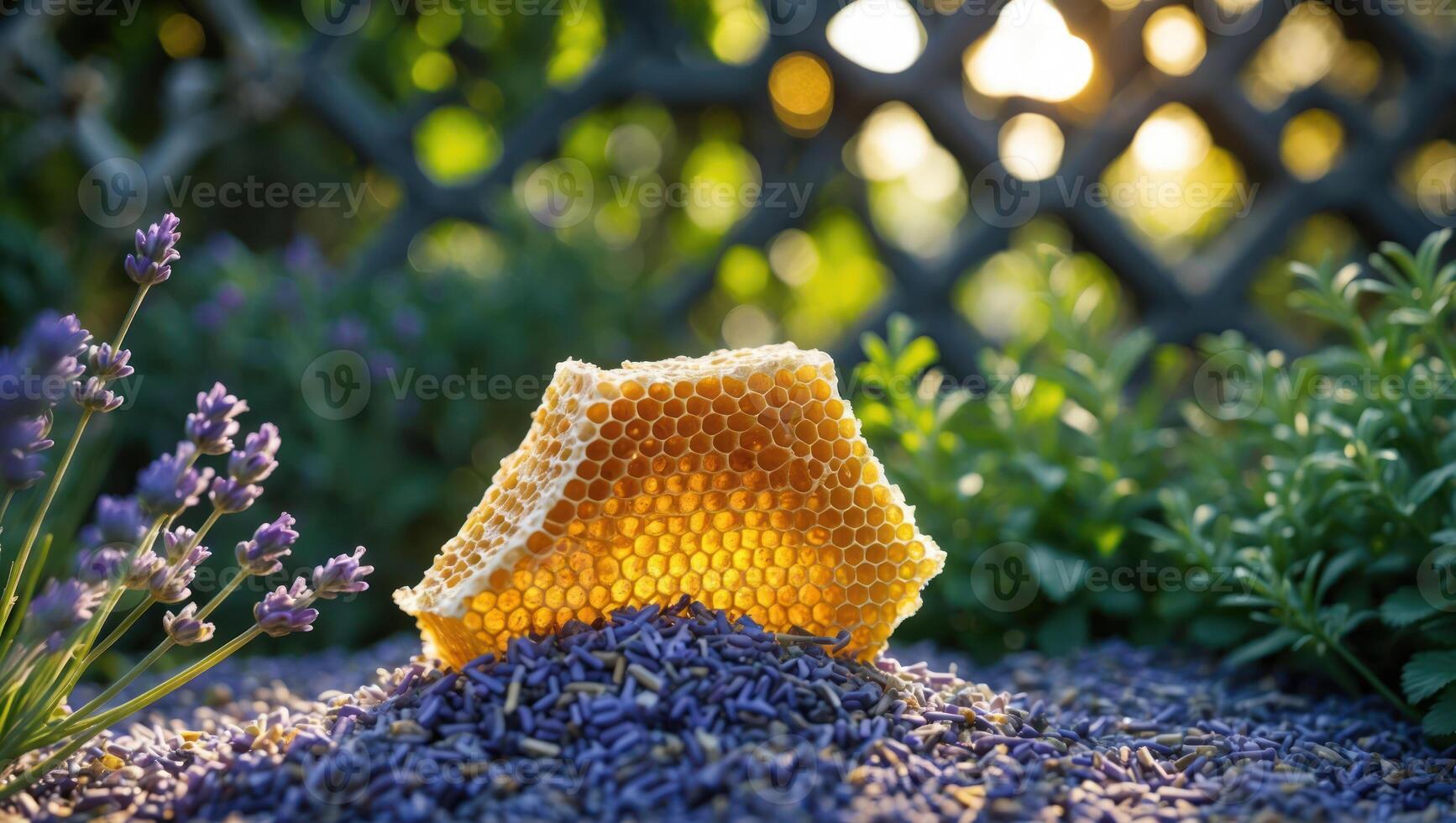 Honeycomb Piece Resting on Dried Lavender Petals with Sunlight photo