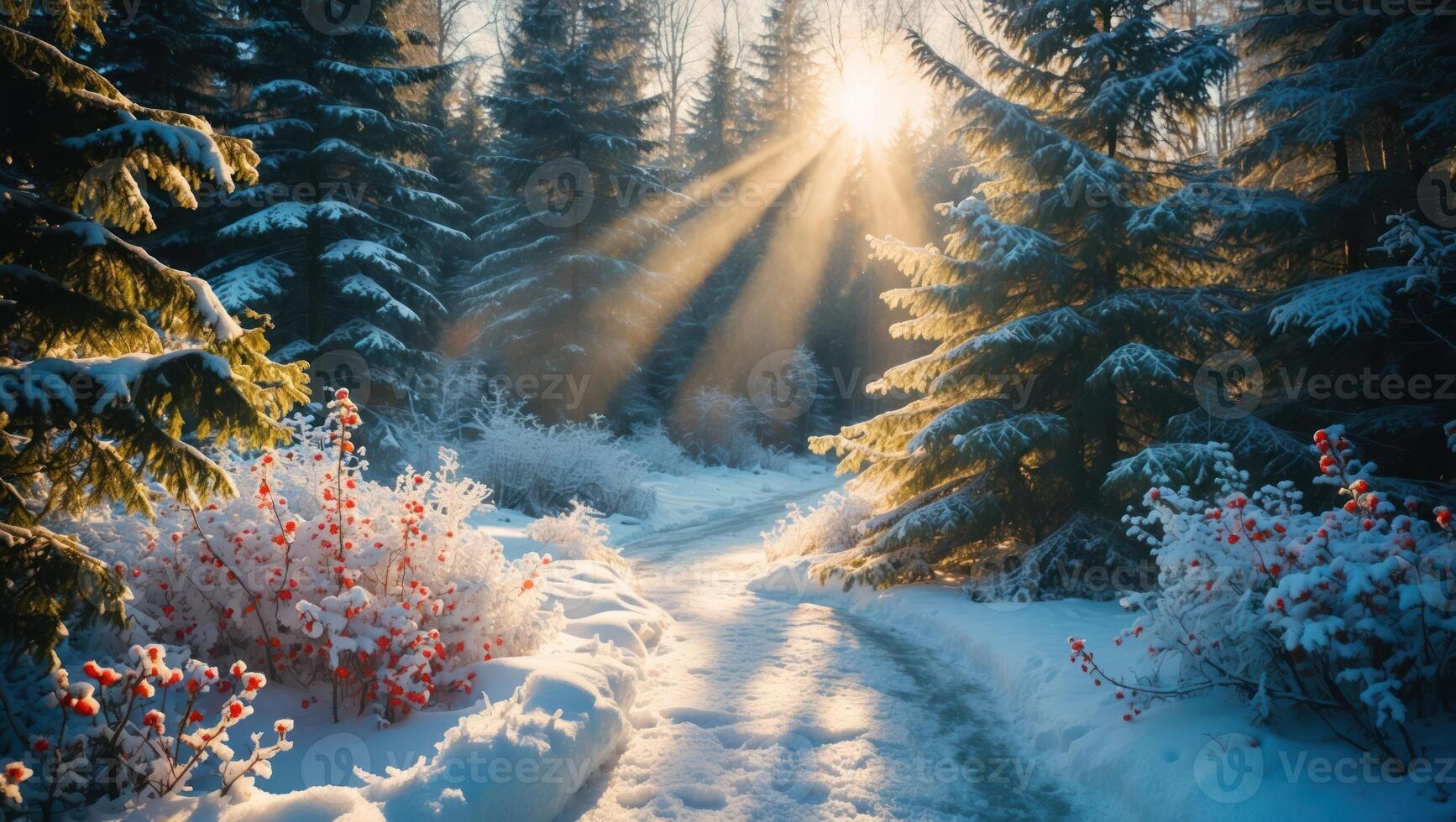 Snowy Path Through Winter Forest with Sun Rays Shining Through Trees photo