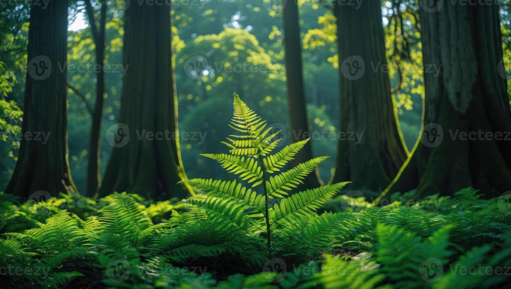 Fern Growing in Forest with Sunlight Streaming Through Tall Trees photo