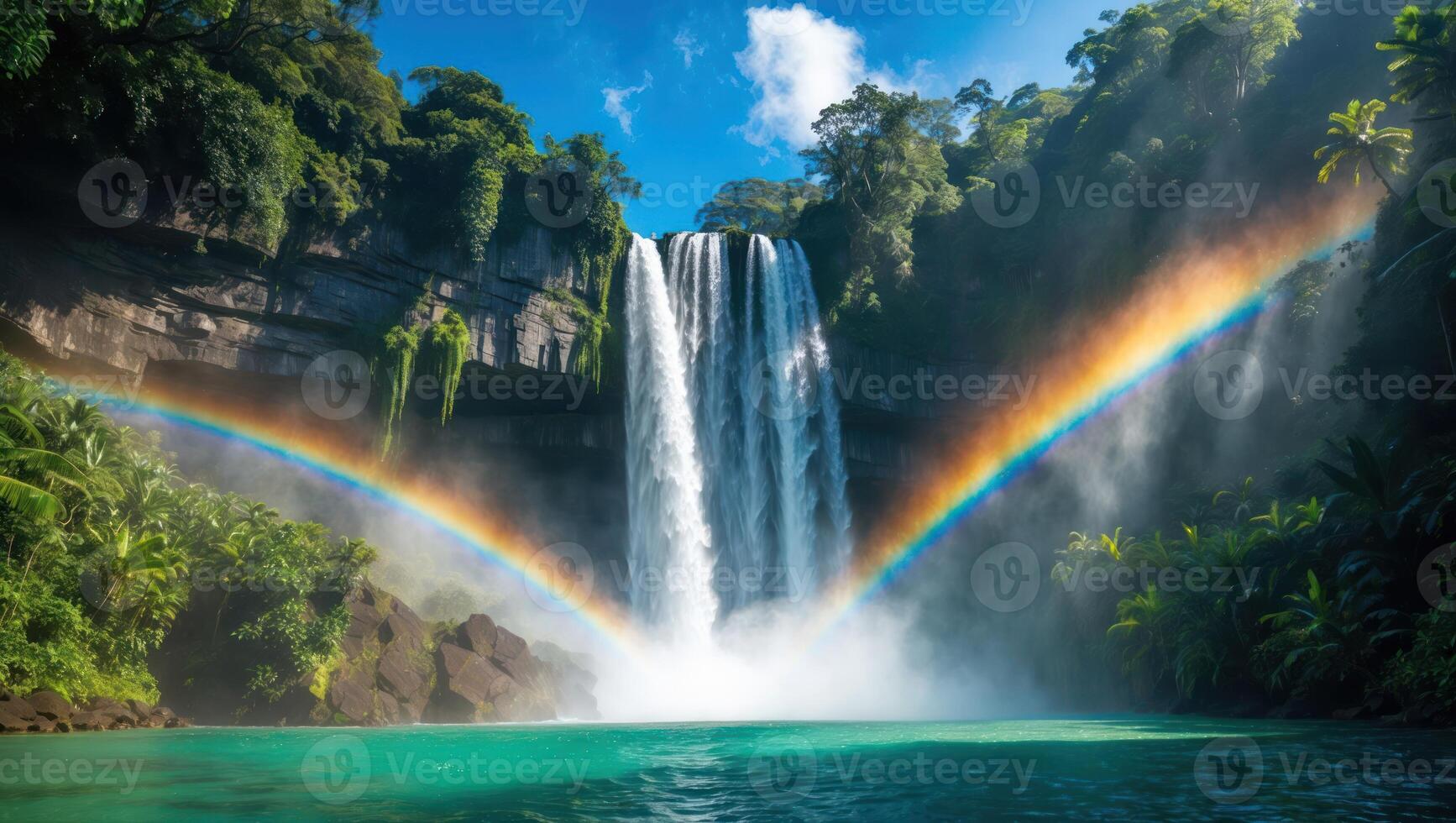 Majestic Waterfall with Vibrant Rainbow and Lush Greenery Scenery photo