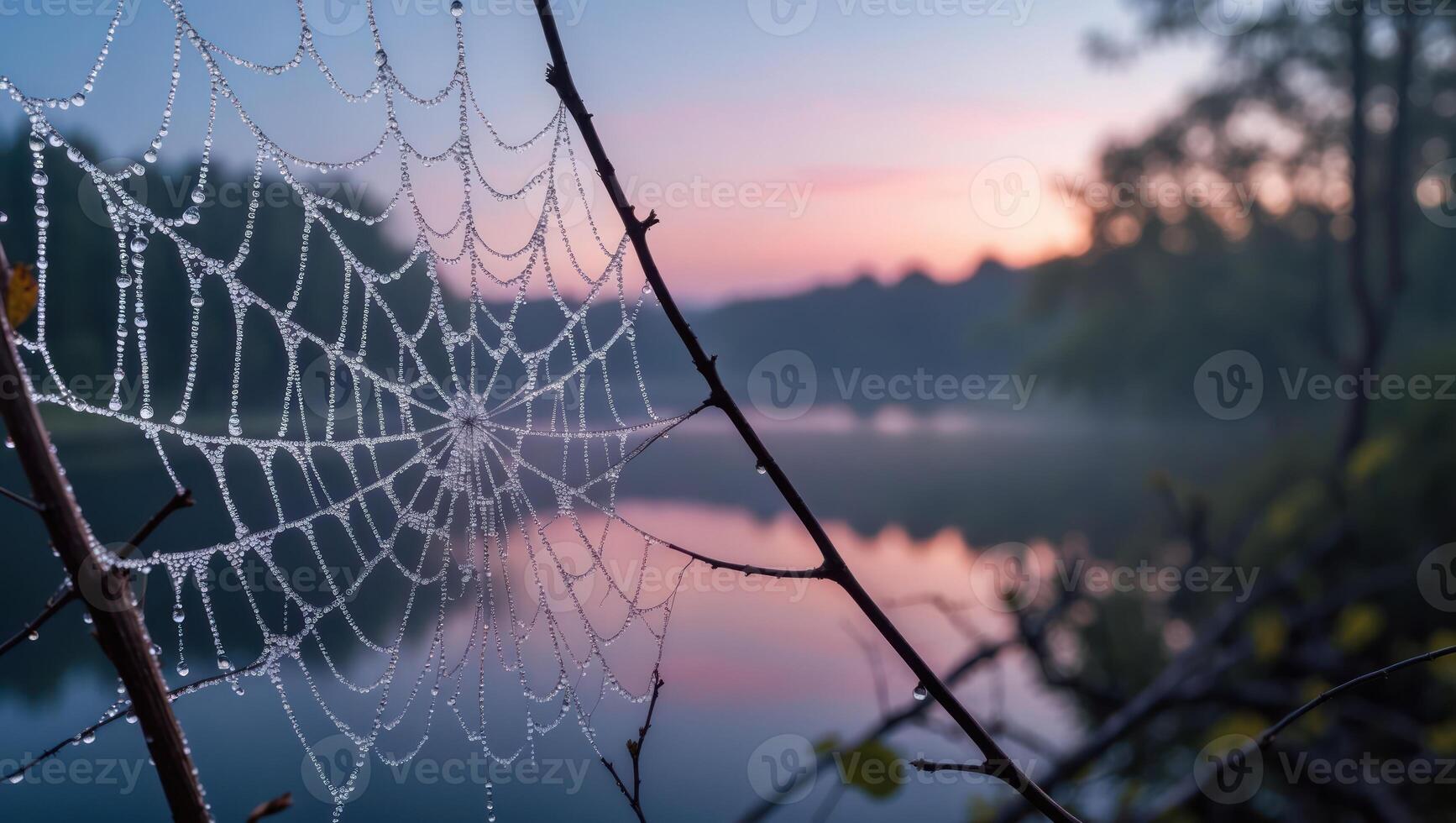 Spiderweb Dew Drops Sparkling Over Calm Lake at Colorful Sunrise photo