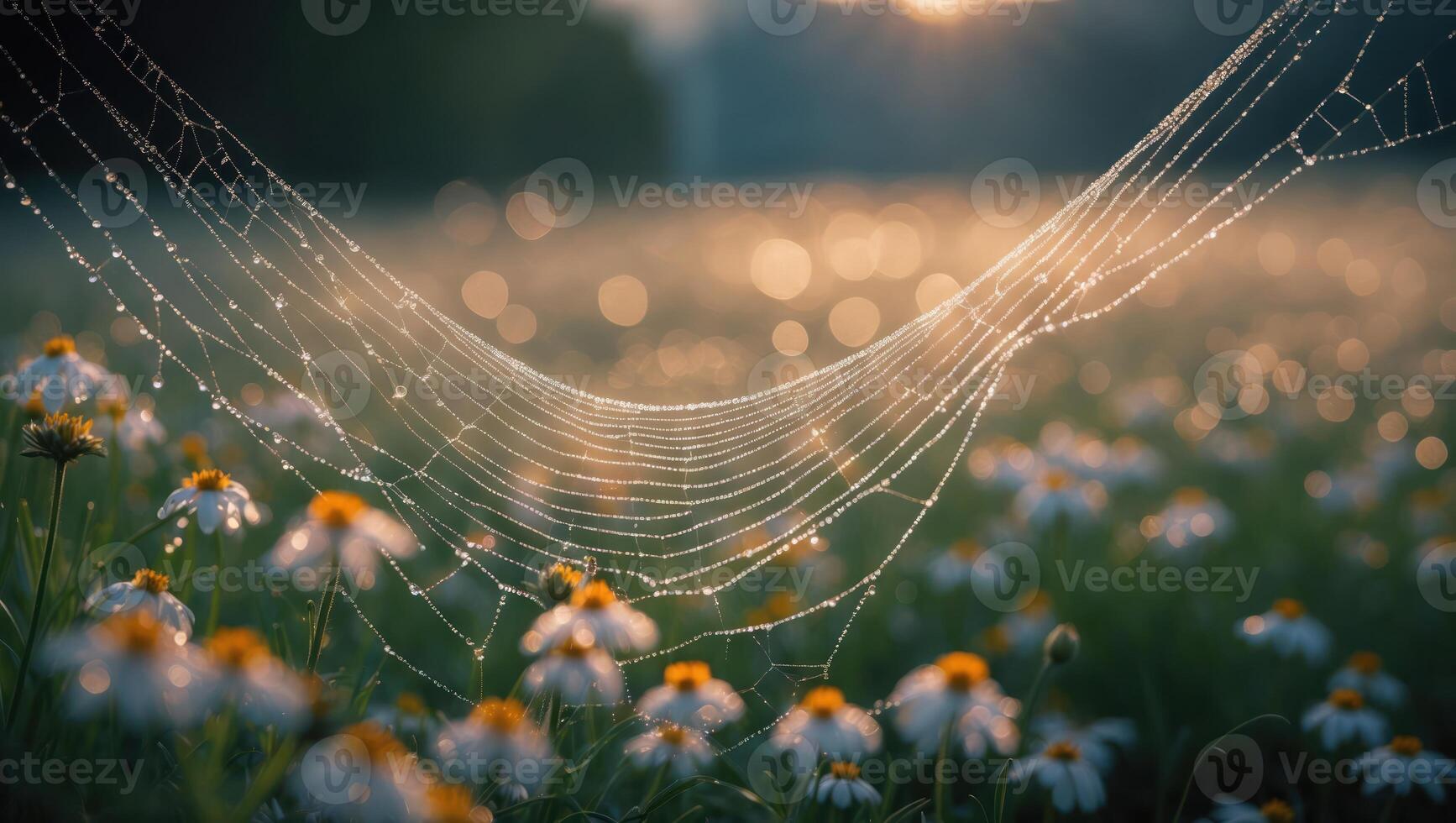 Spiderweb with Dew Drops in a Field of White Flowers photo