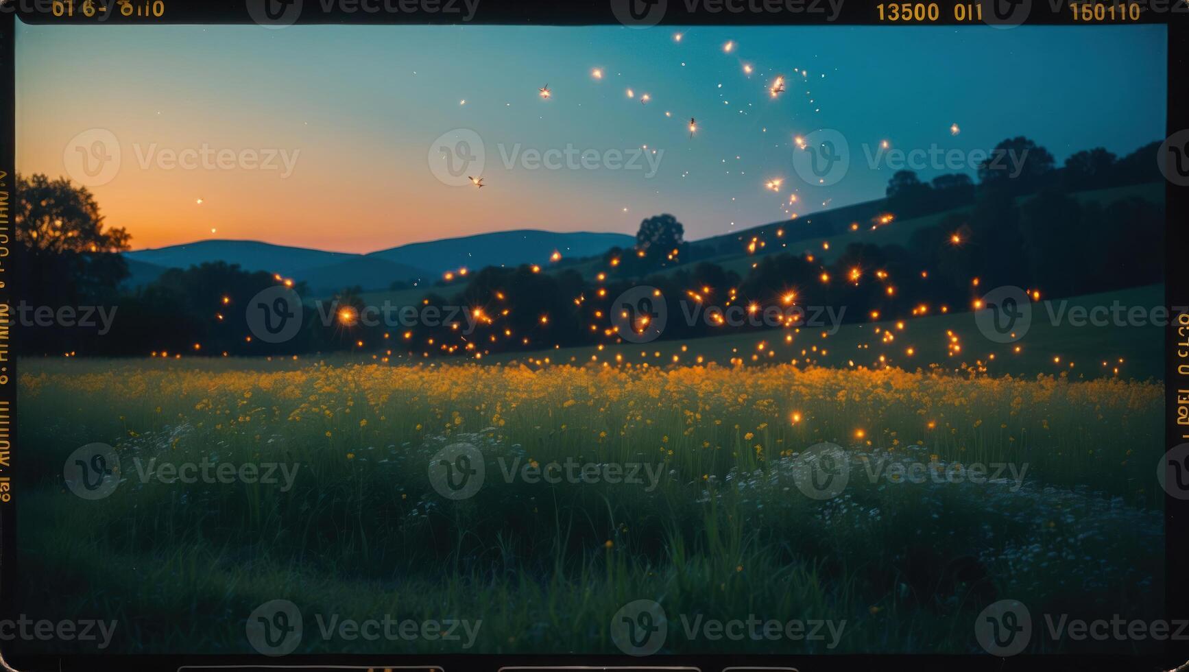 Meadow at Dusk with Warm Lights and Rolling Hills Landscape photo