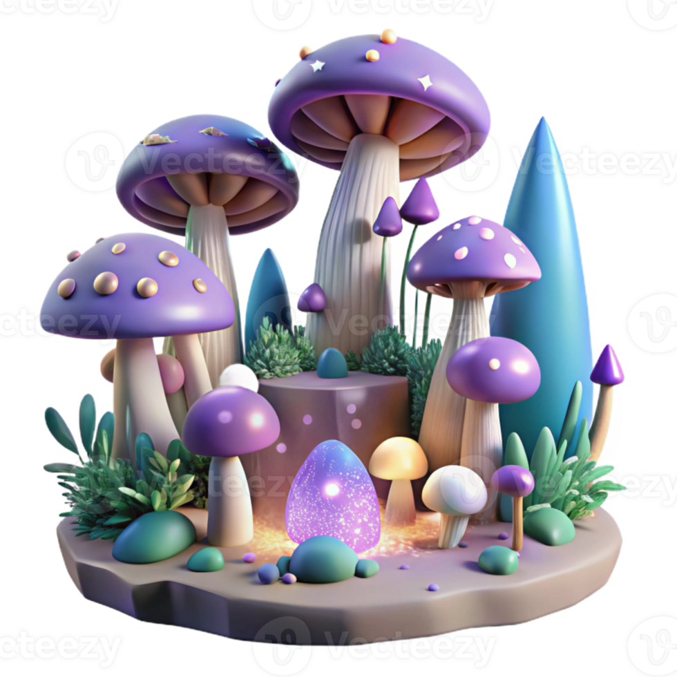 vibrant traditional Digital Forest with Glowing Mushrooms Isolated Element detailed png