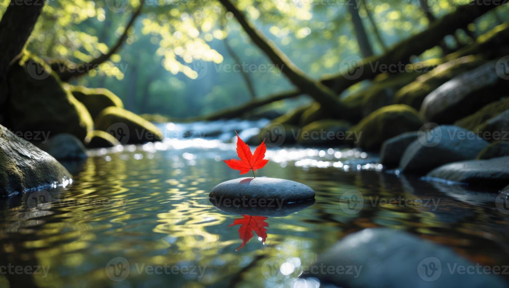 Red Leaf on Stone in River Reflection Forest Scene photo