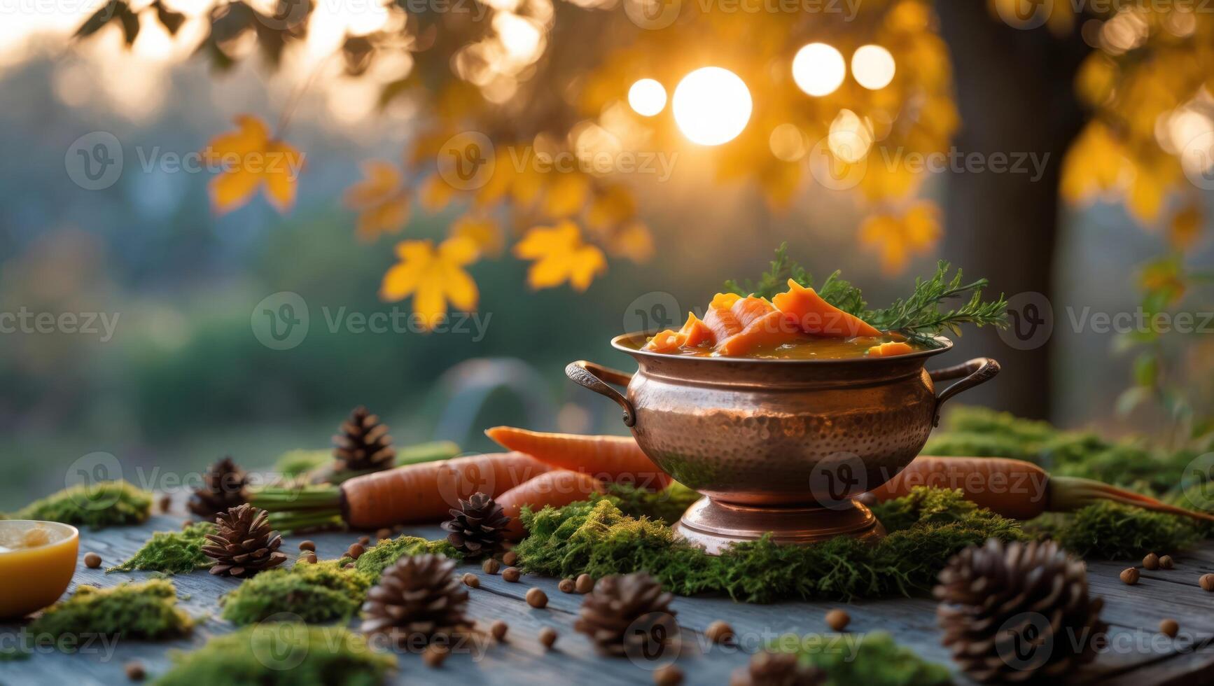 Presenting Carrot Stew in Rustic Copper Pot Amid Autumn Setting photo