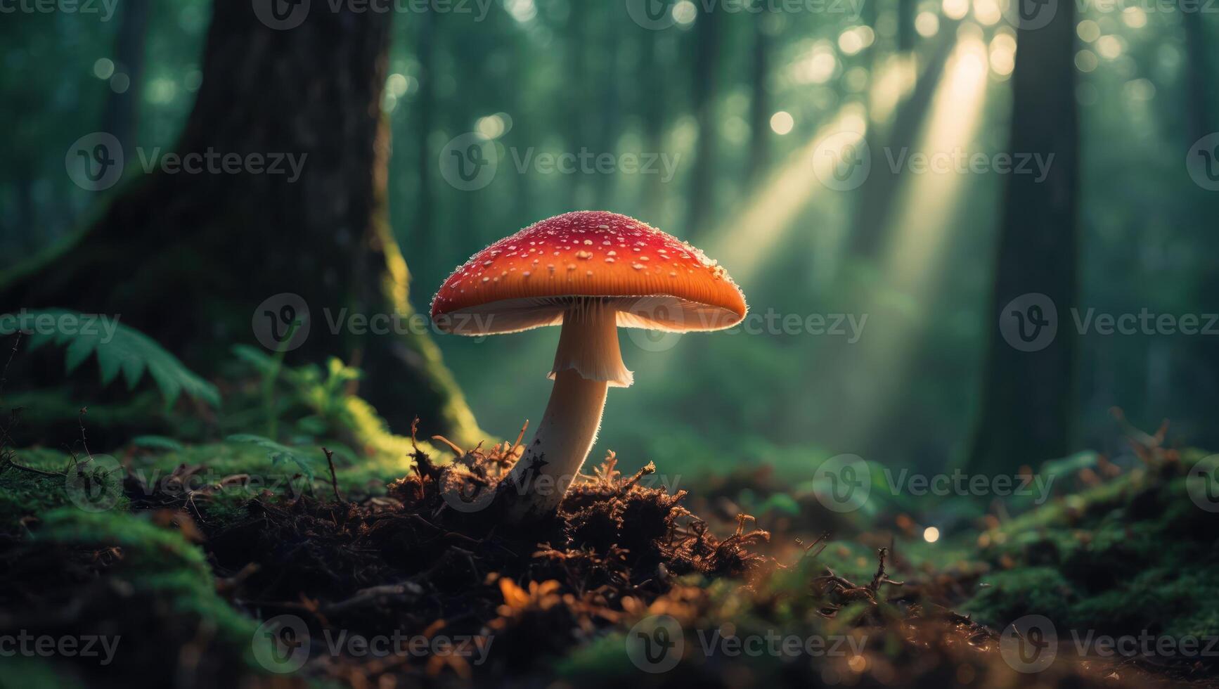 Red Mushroom Growing in Forest with Sun Rays Shining Through photo
