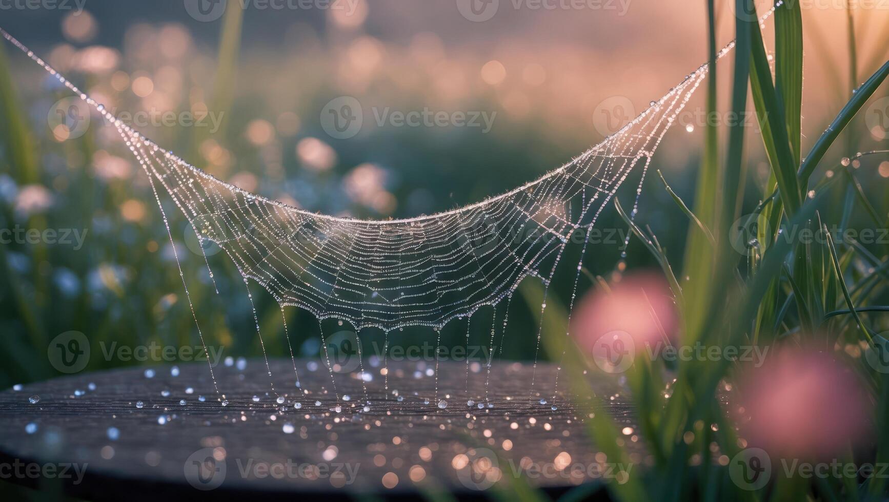 Dewy Spiderweb Shimmers in Morning Light Across Grassy Field Scene photo