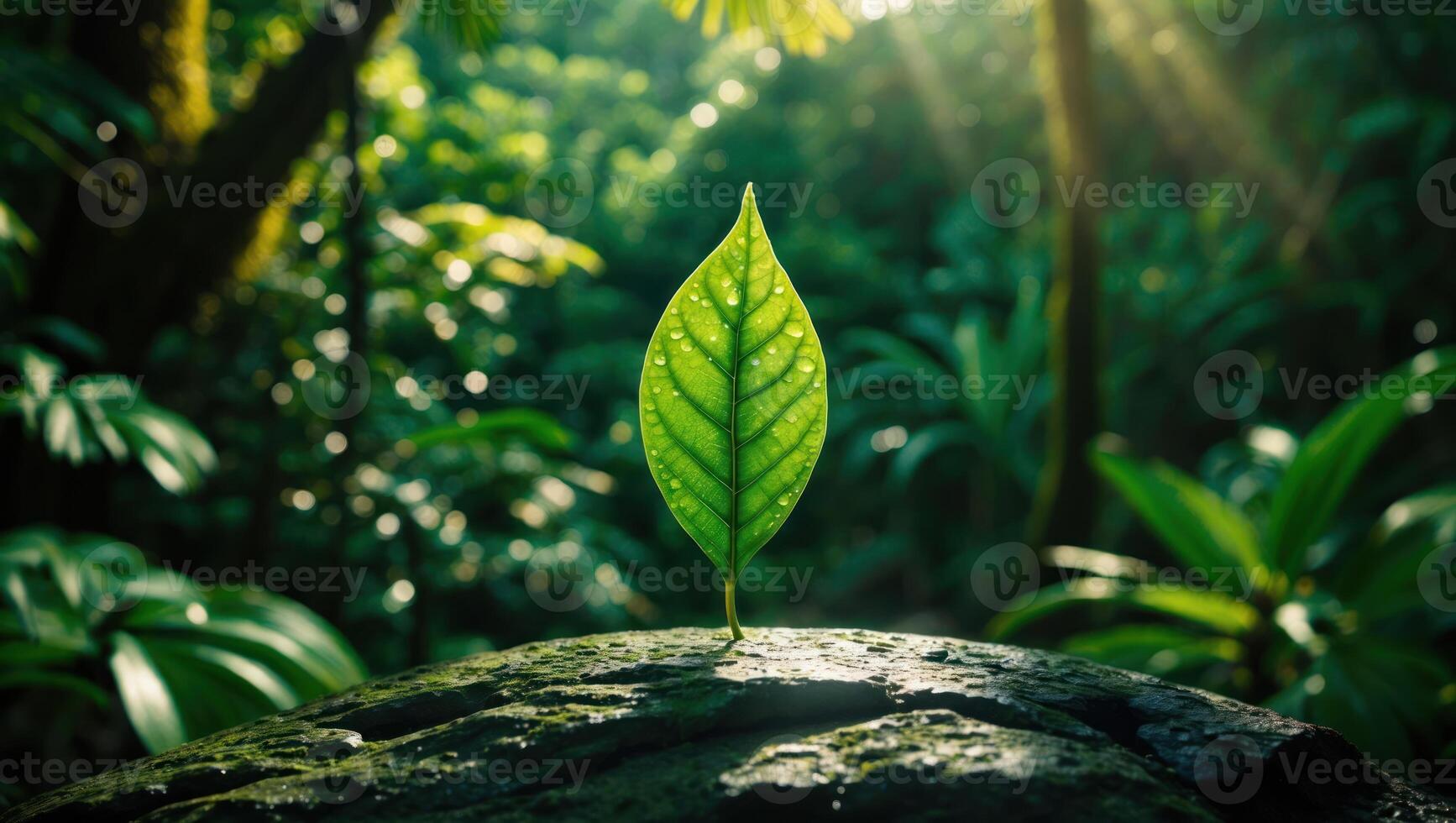Single Leaf with Water Droplets Growing in Natural Forest Setting photo