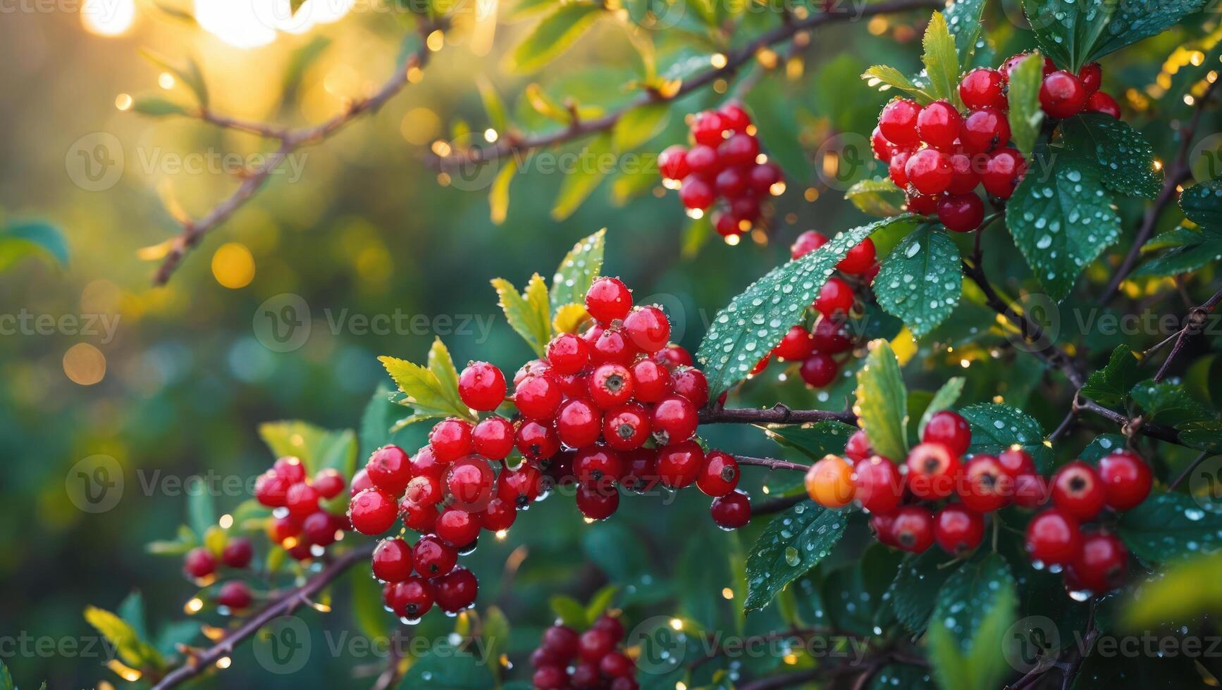 Red Currant Berries on Branch with Water Droplets at Sunset photo