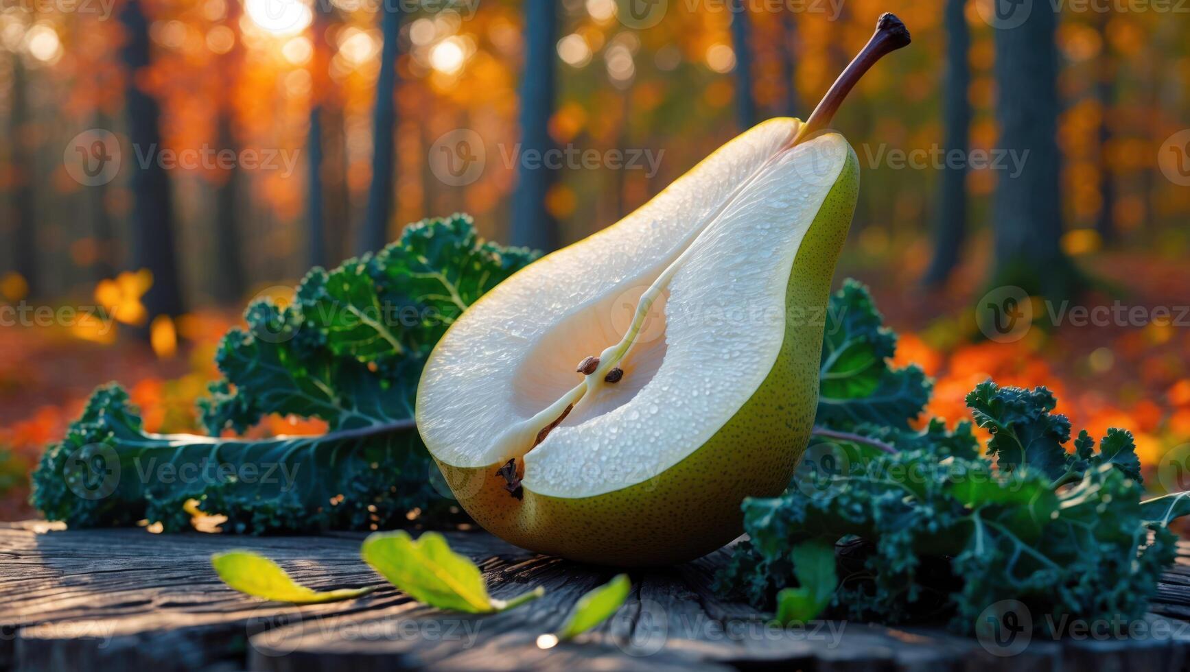 Sliced Pear with Kale on Wooden Surface in Autumn Forest photo