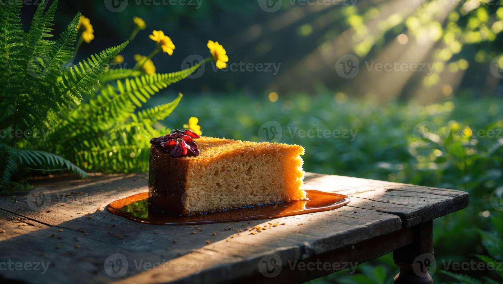 Cake Slice on Rustic Table in Sunlight Outdoor Garden Setting photo