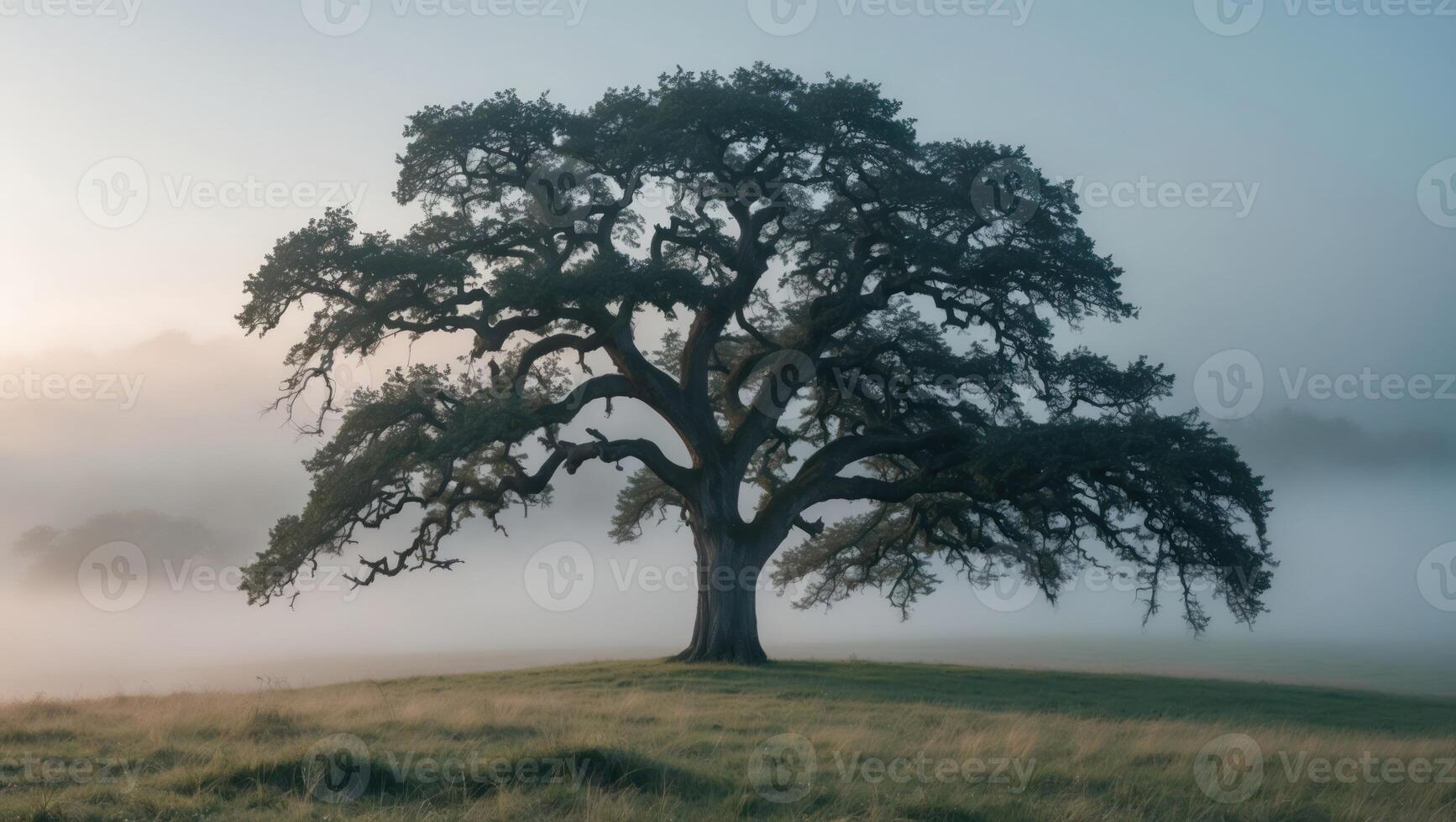 Solitary Tree Standing in Foggy Meadow with Early Morning Light photo