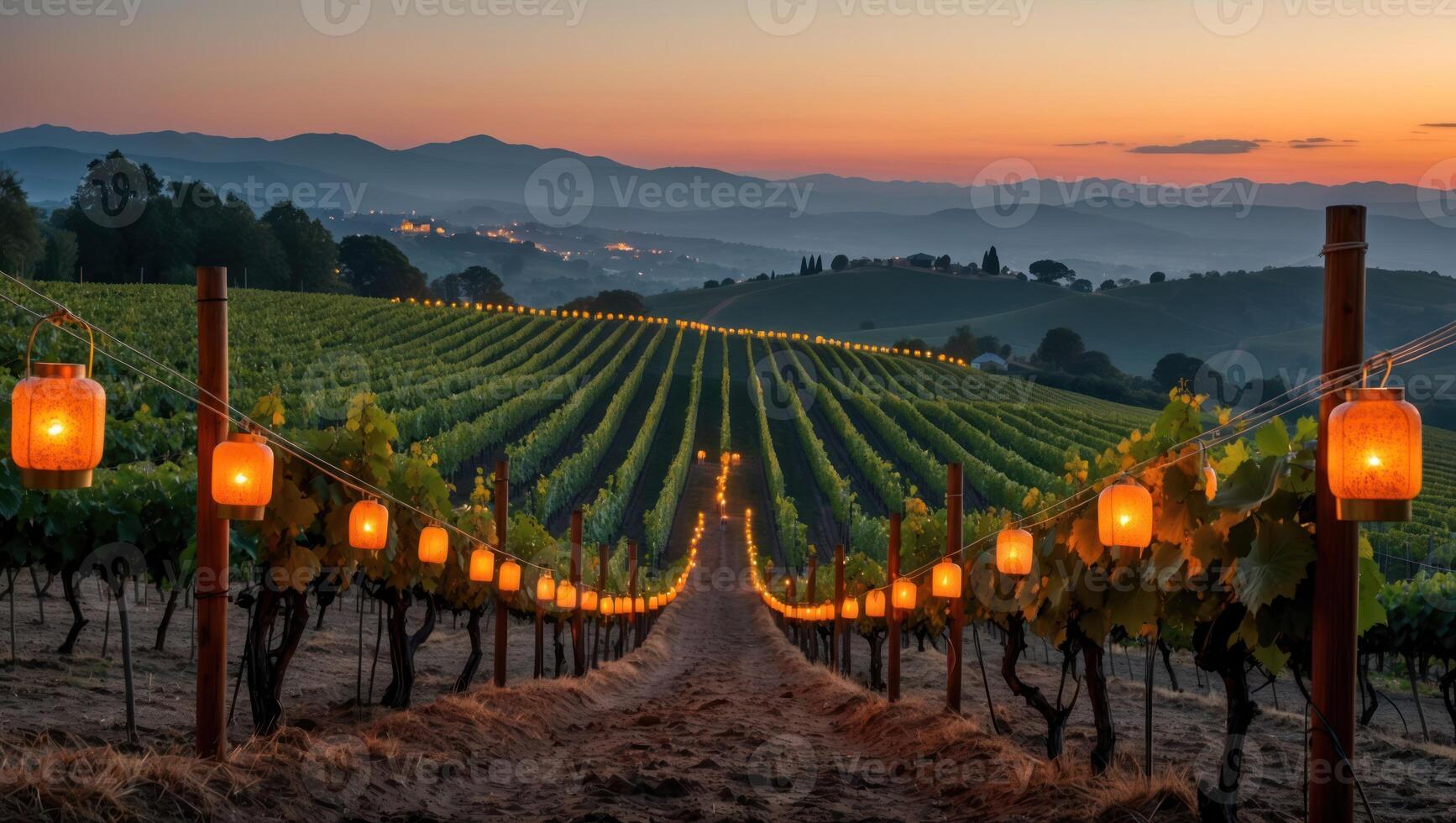 Walking Path in Vineyard at Sunset with Glowing String Lights photo