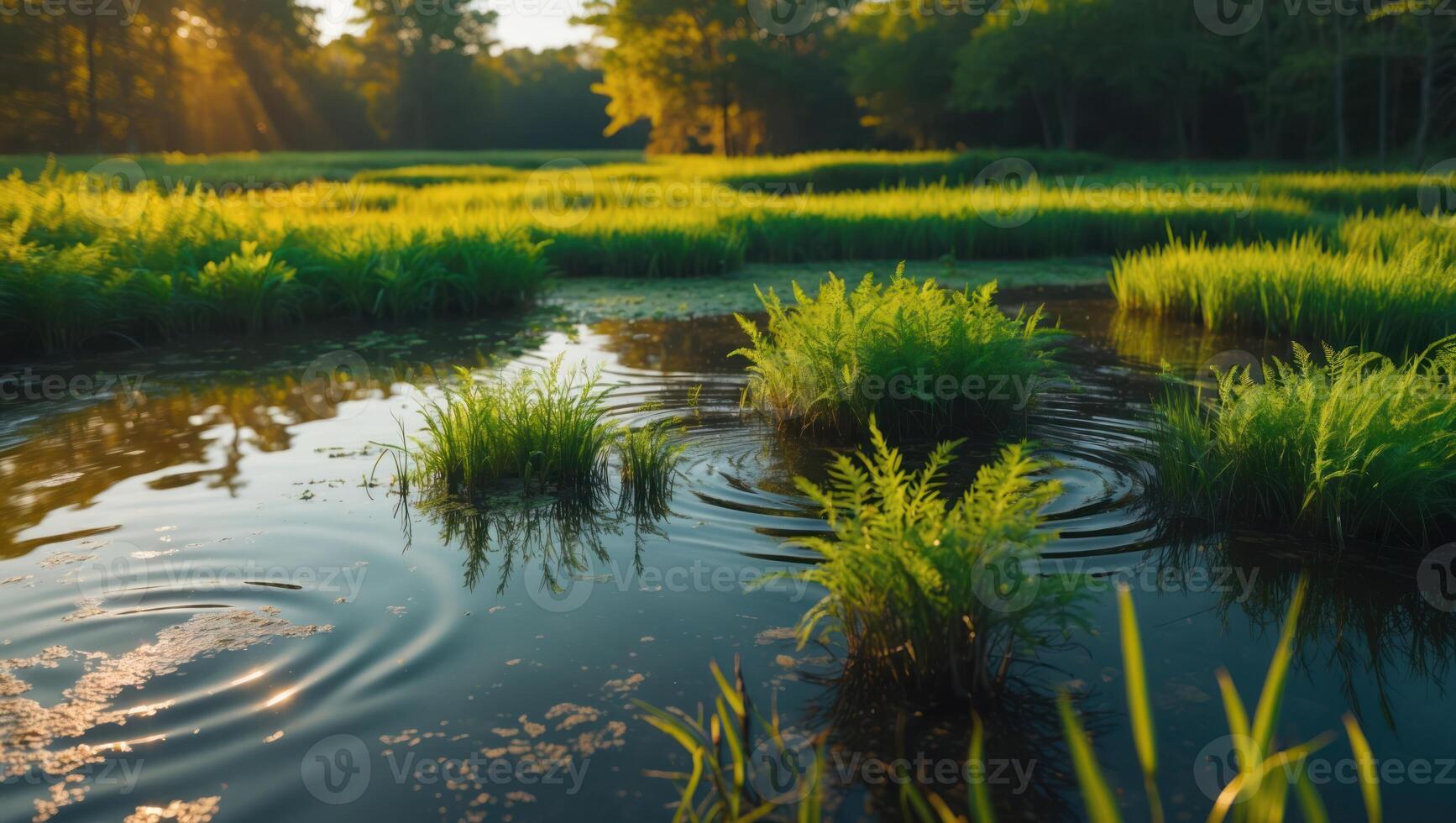 Marshland Serenity Green Grass Tufts Reflecting on Pond Water Surface photo