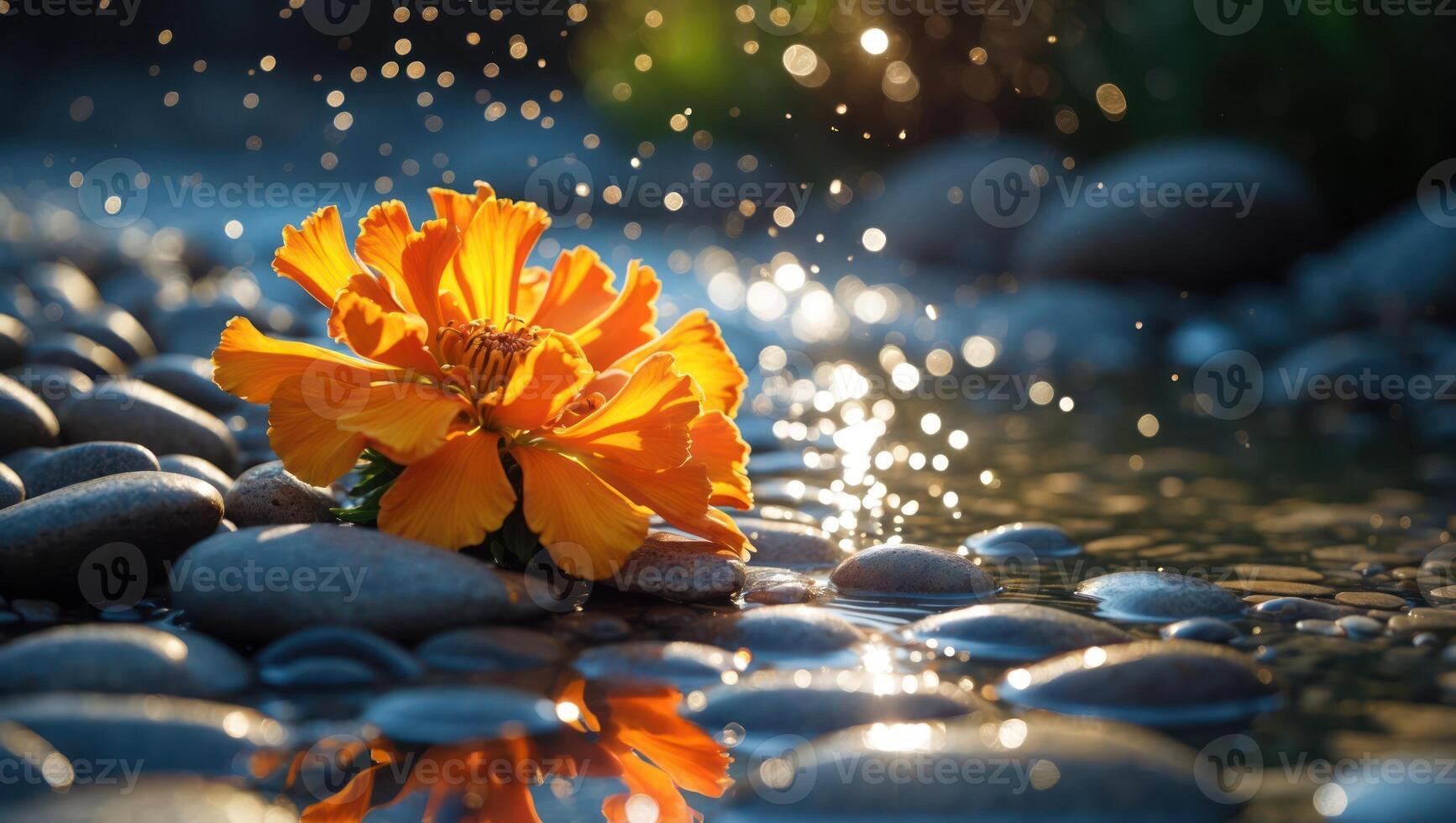 Orange Flower Resting on Wet Stones with Light Sparkles photo