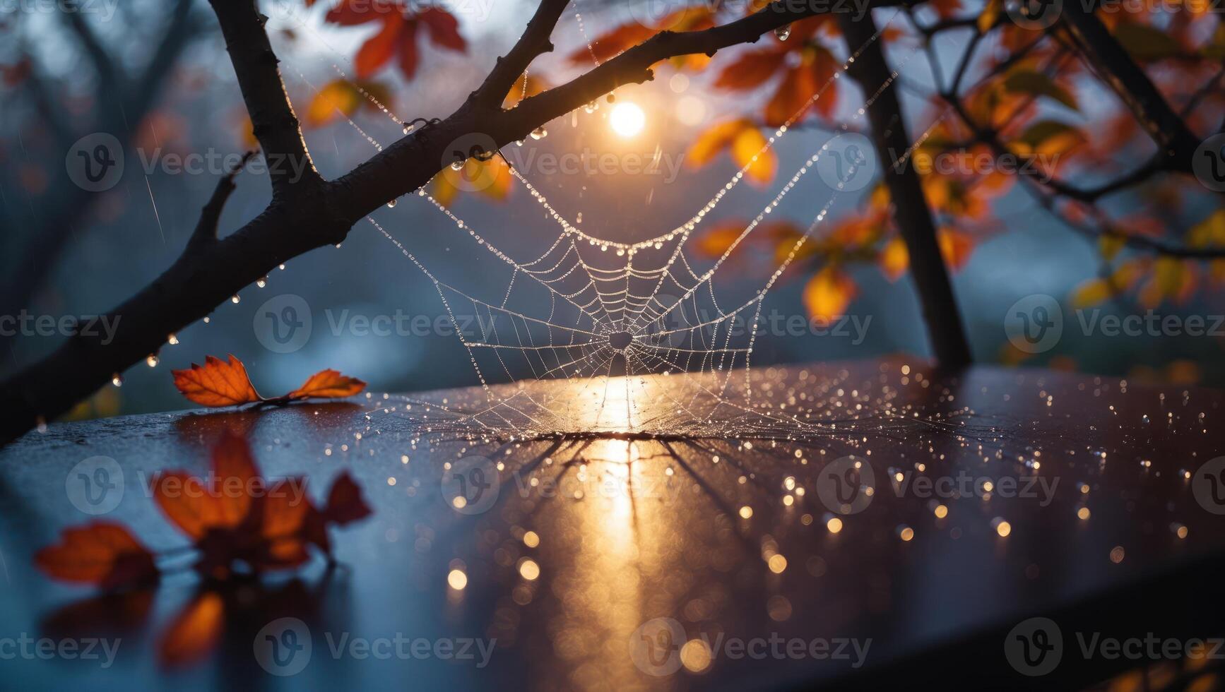 Autumnal Spiderweb with Water Droplets and Leaf on Wooden Surface photo