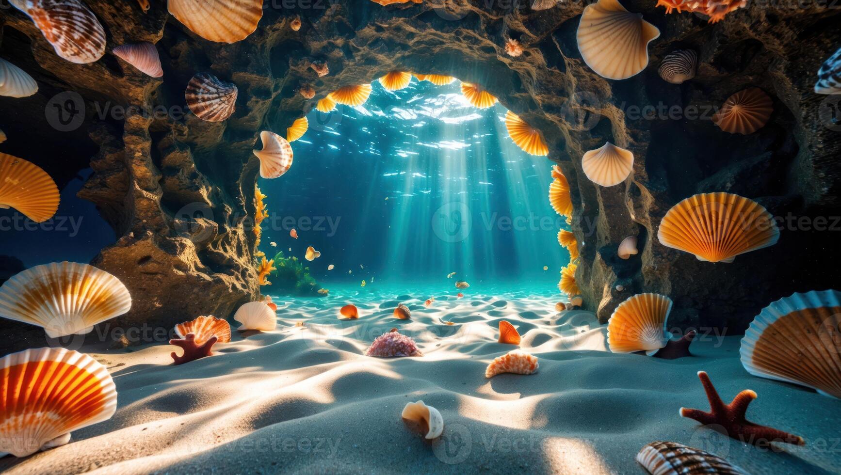 Exploring Underwater Cave Filled with Light Rays and Seashells photo