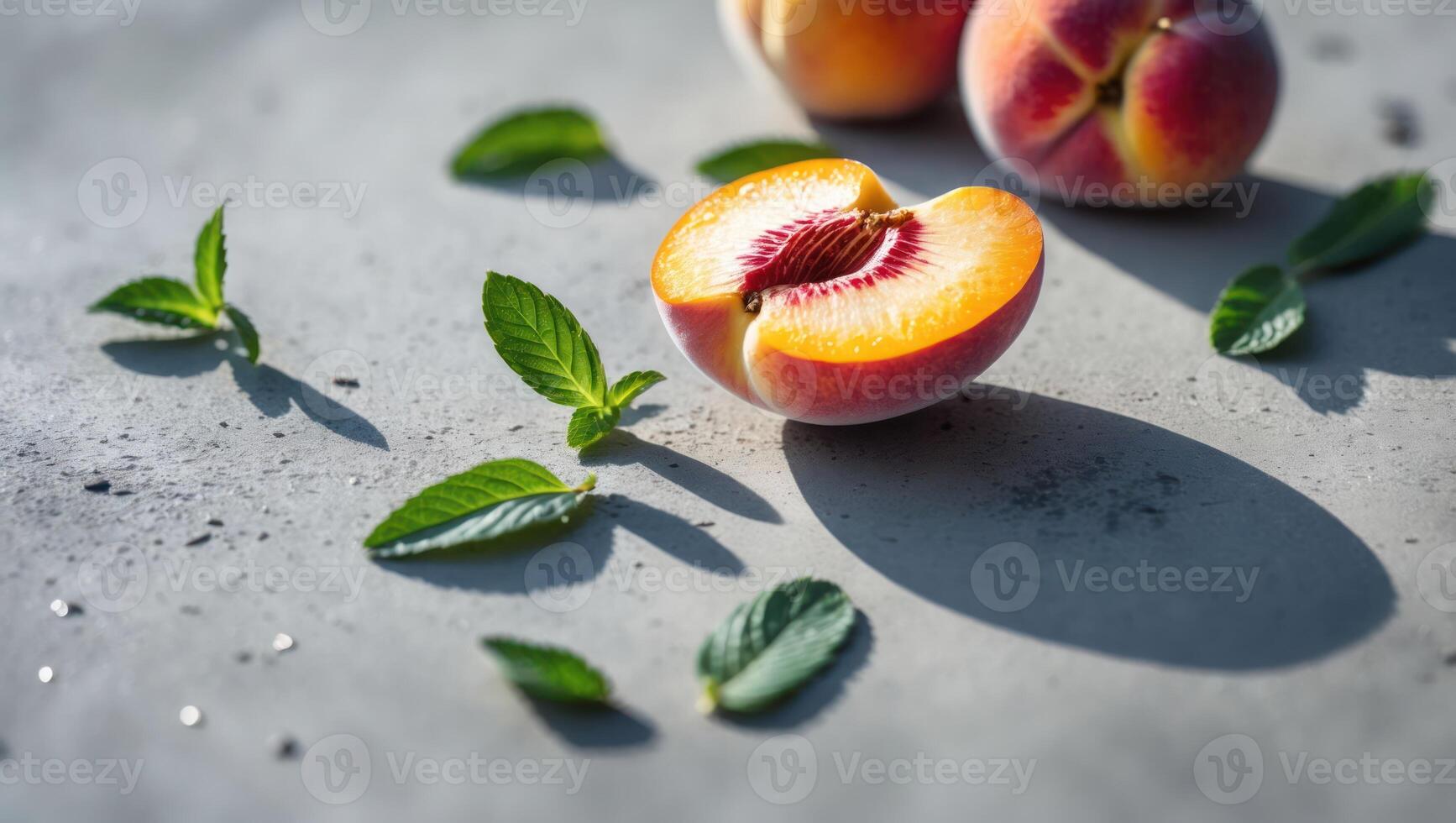 Fresh Peach Halves with Mint Leaves on Textured Background photo