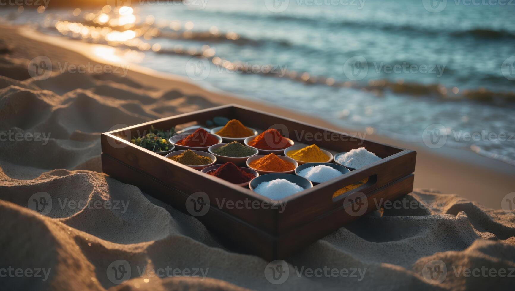 Colorful Spices Displayed on Tray at Beach Against Ocean Backdrop photo